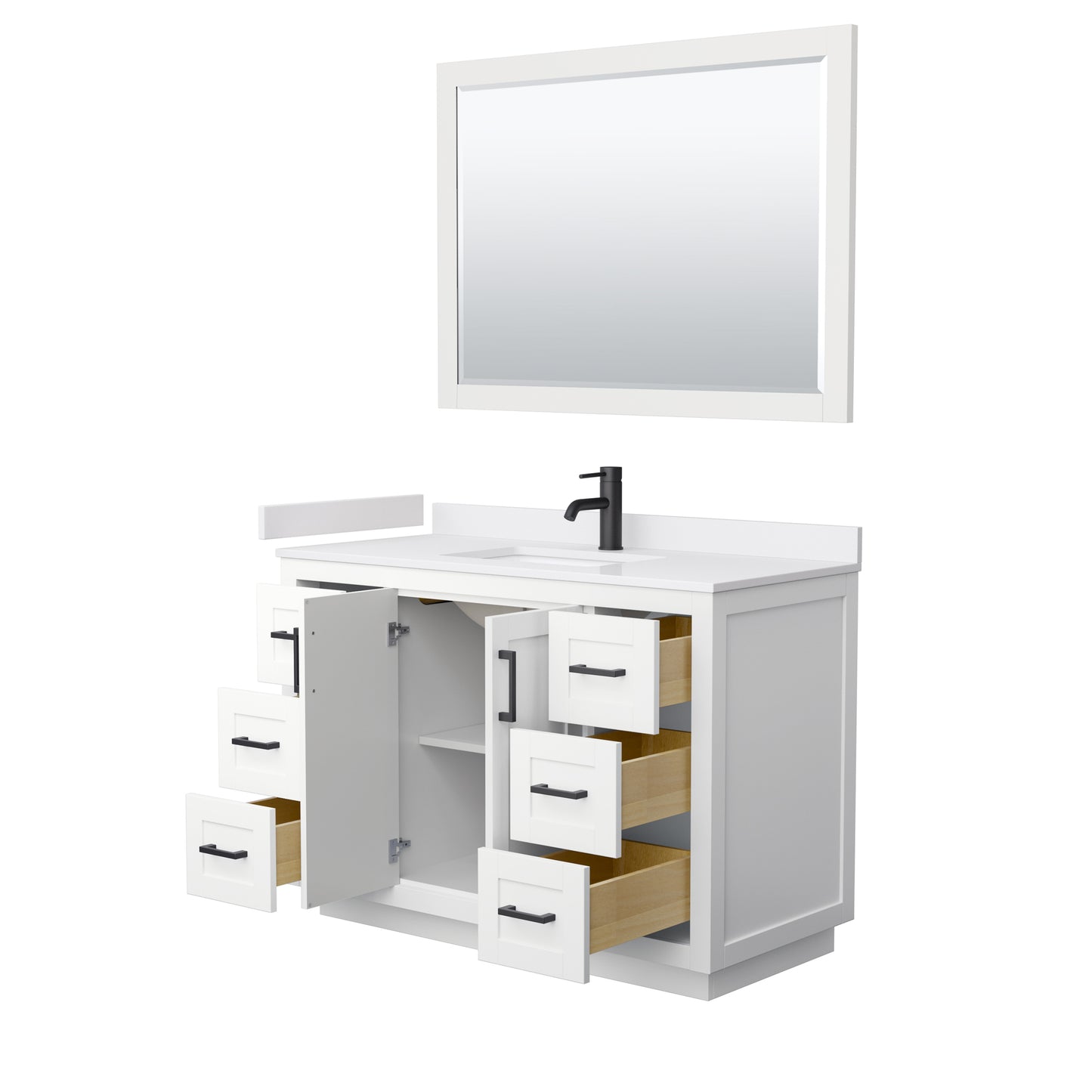 Miranda 48" Single Vanity in White, White Marble Top, Black Trim, 46" Mirror
