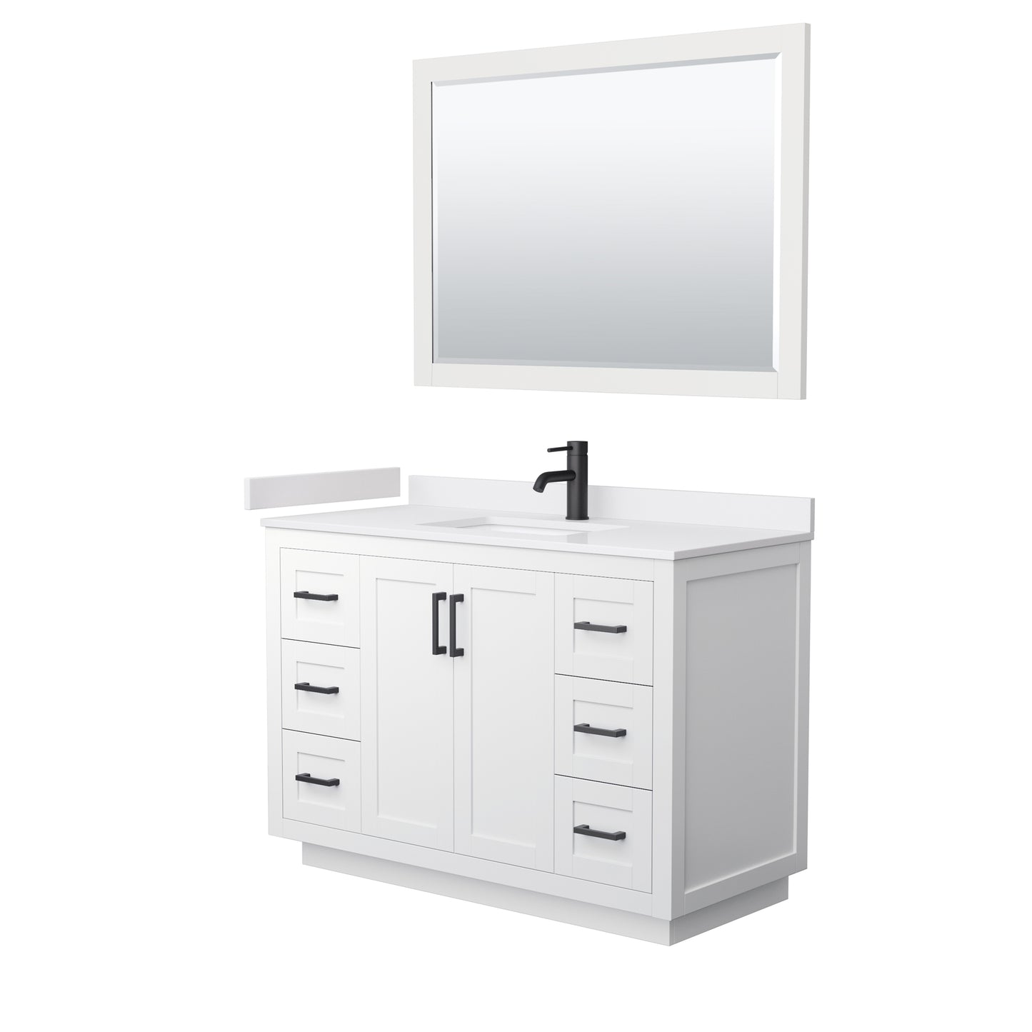 Miranda 48" Single Vanity in White, White Marble Top, Black Trim, 46" Mirror