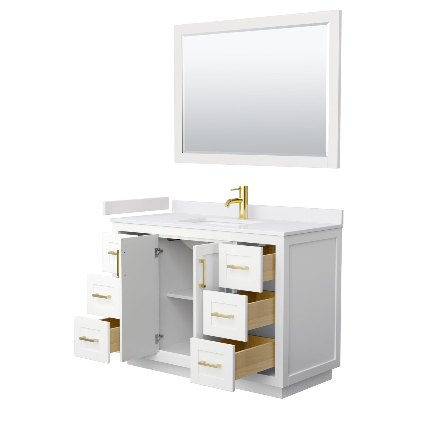 Miranda 48" Single Vanity in White, White Marble Top, Gold Trim, 46" Mirror