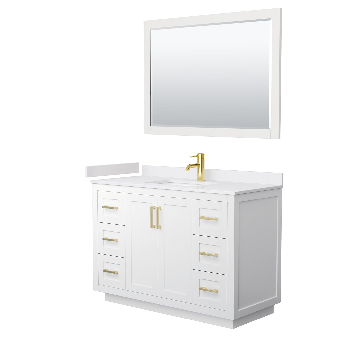 Miranda 48" Single Vanity in White, White Marble Top, Gold Trim, 46" Mirror