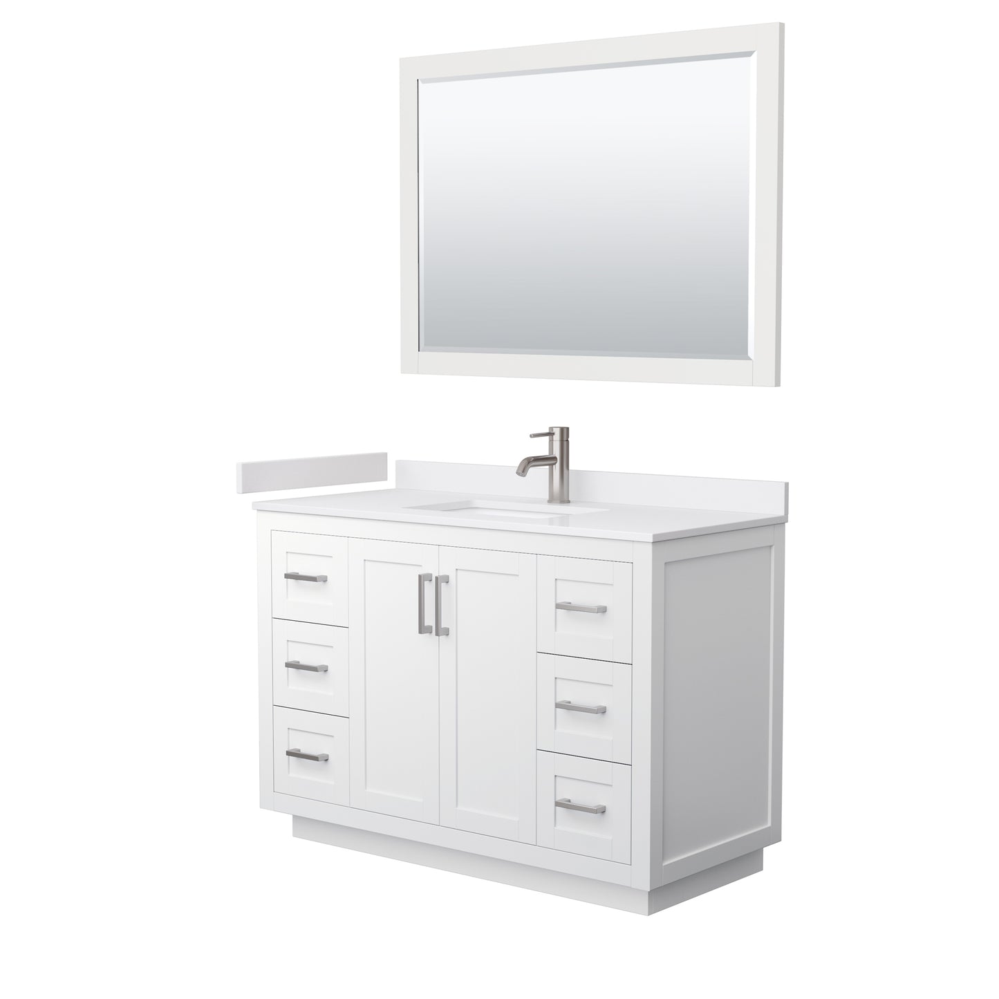 Miranda 48" Single Vanity in White, White Marble Top, Nickel Trim, 46" Mirror