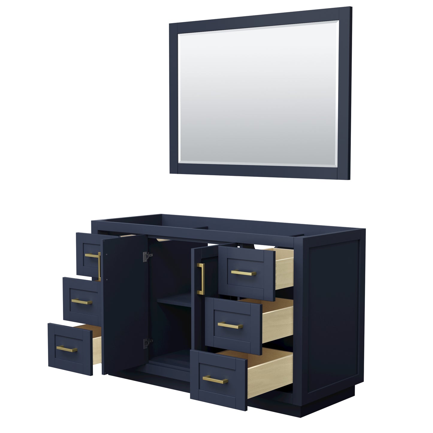 Miranda 54" Single Vanity in Dark Blue, No Top, Bruished Gold Trim, 46" Mirror