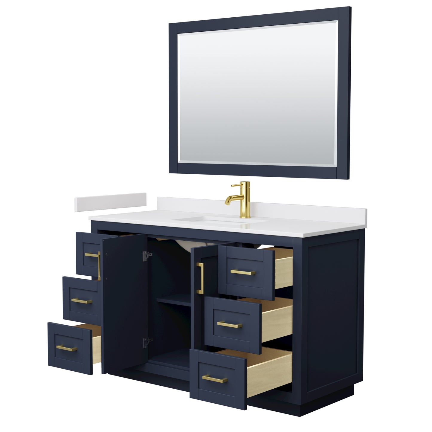 Miranda 54" Single Vanity in Dark Blue, White Marble Top, Gold Trim, 46" Mirror