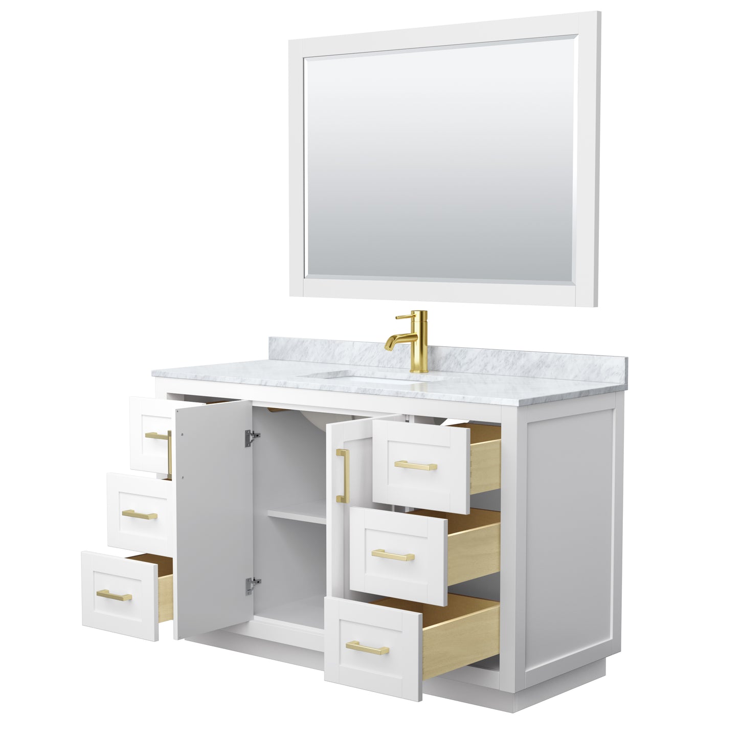 Miranda 54" Single Vanity in White, Top, Square Brushed Gold Trim, 46" Mirror