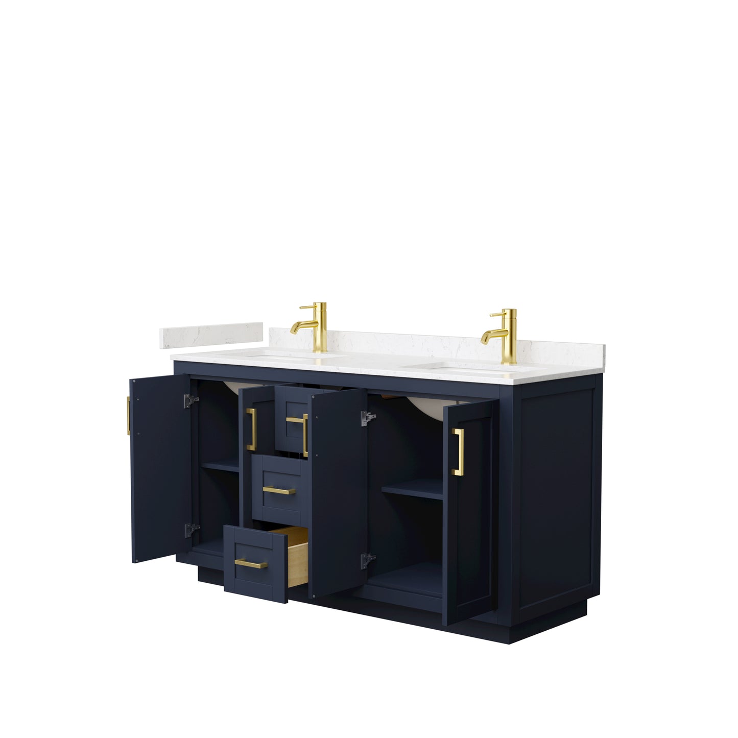 Miranda 60" Double Vanity in Dark Blue, Carrara Cultured Marble Top, Gold Trim