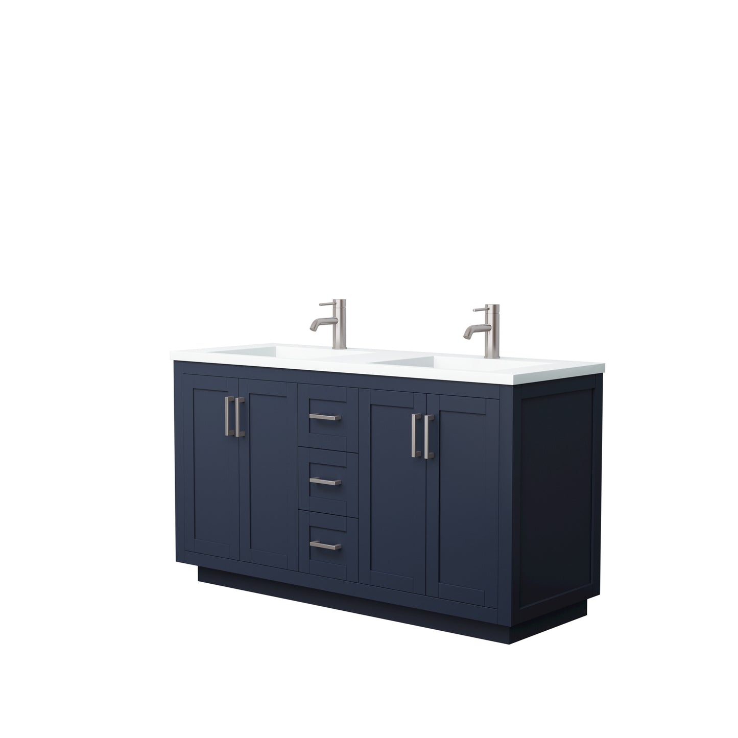 Miranda 60" Double Vanity in Dark Blue, 1.25" White Top, Integrated Nickel Trim