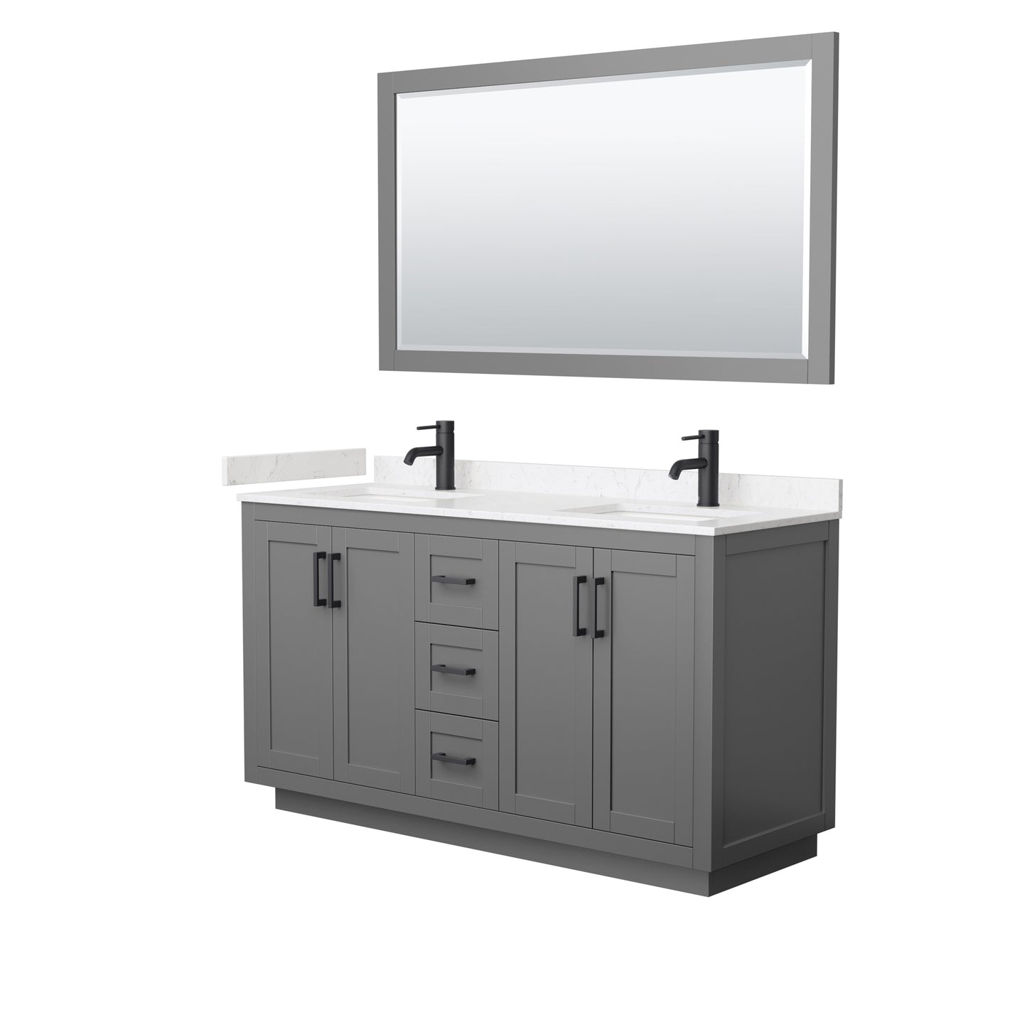 Miranda 60" Dark Gray Double Vanity, Carrara Marble Top, Black Trim, 58" Mirror