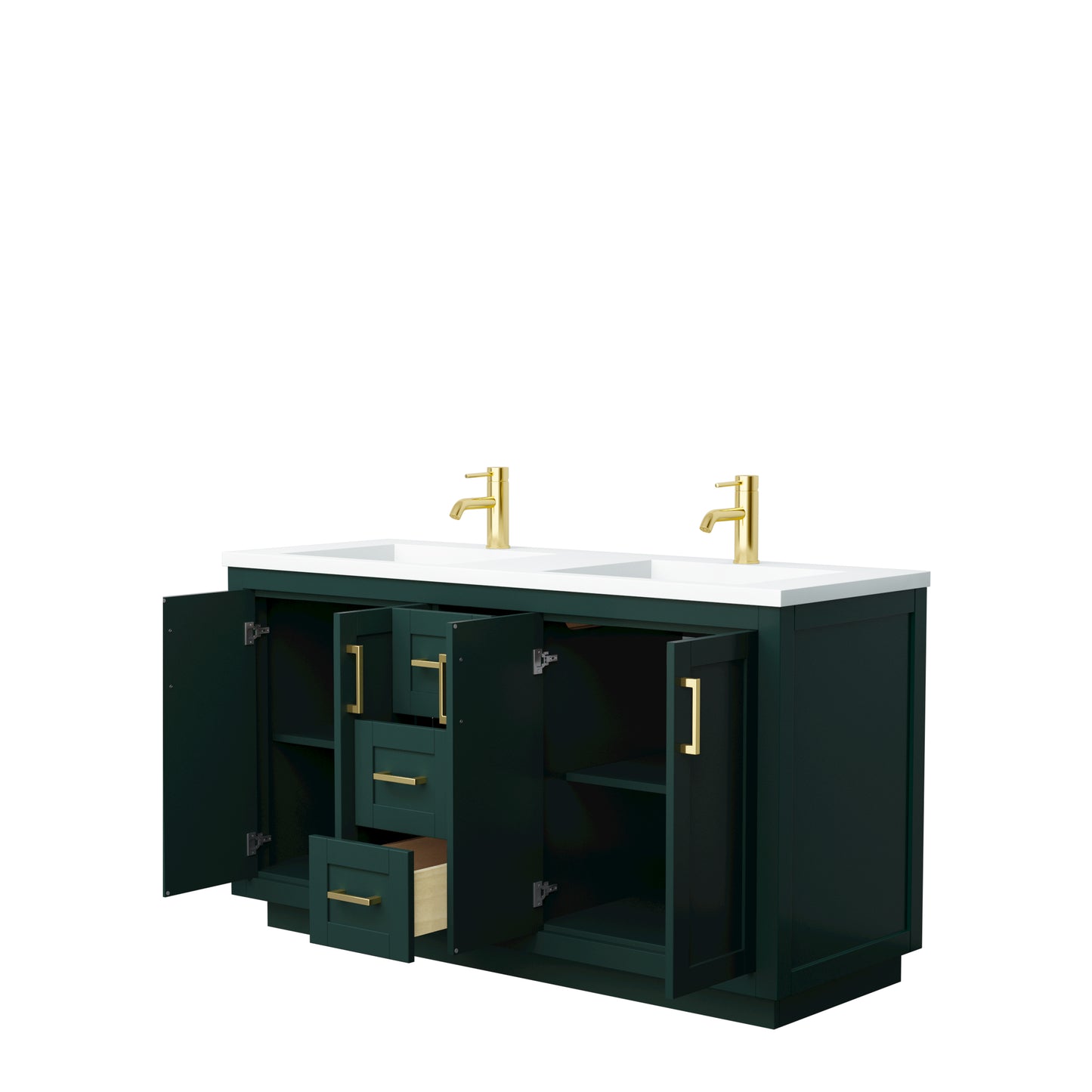Miranda 60" Double Vanity in Green, 1.25" White Top, Integrated Gold Trim
