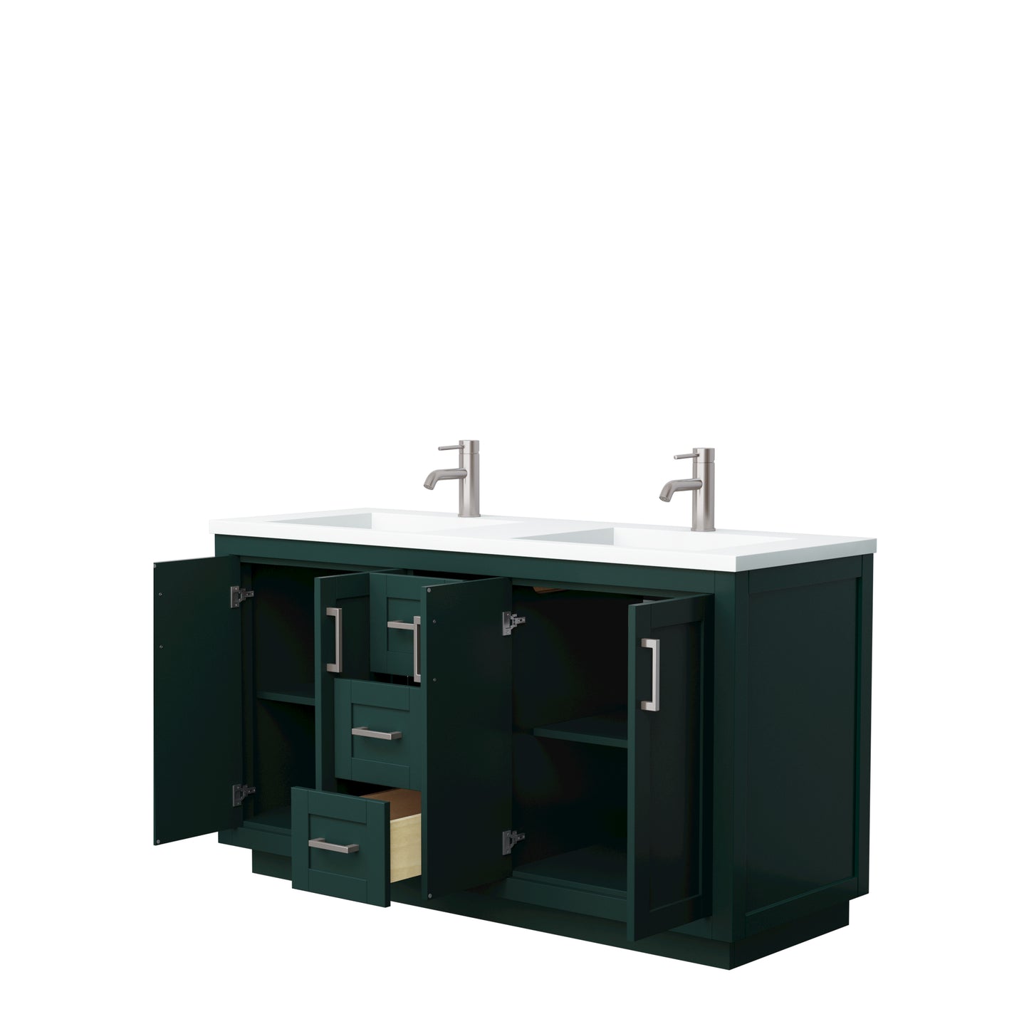 Miranda 60" Double Vanity in Green, 1.25" White Top, Integrated Nickel Trim