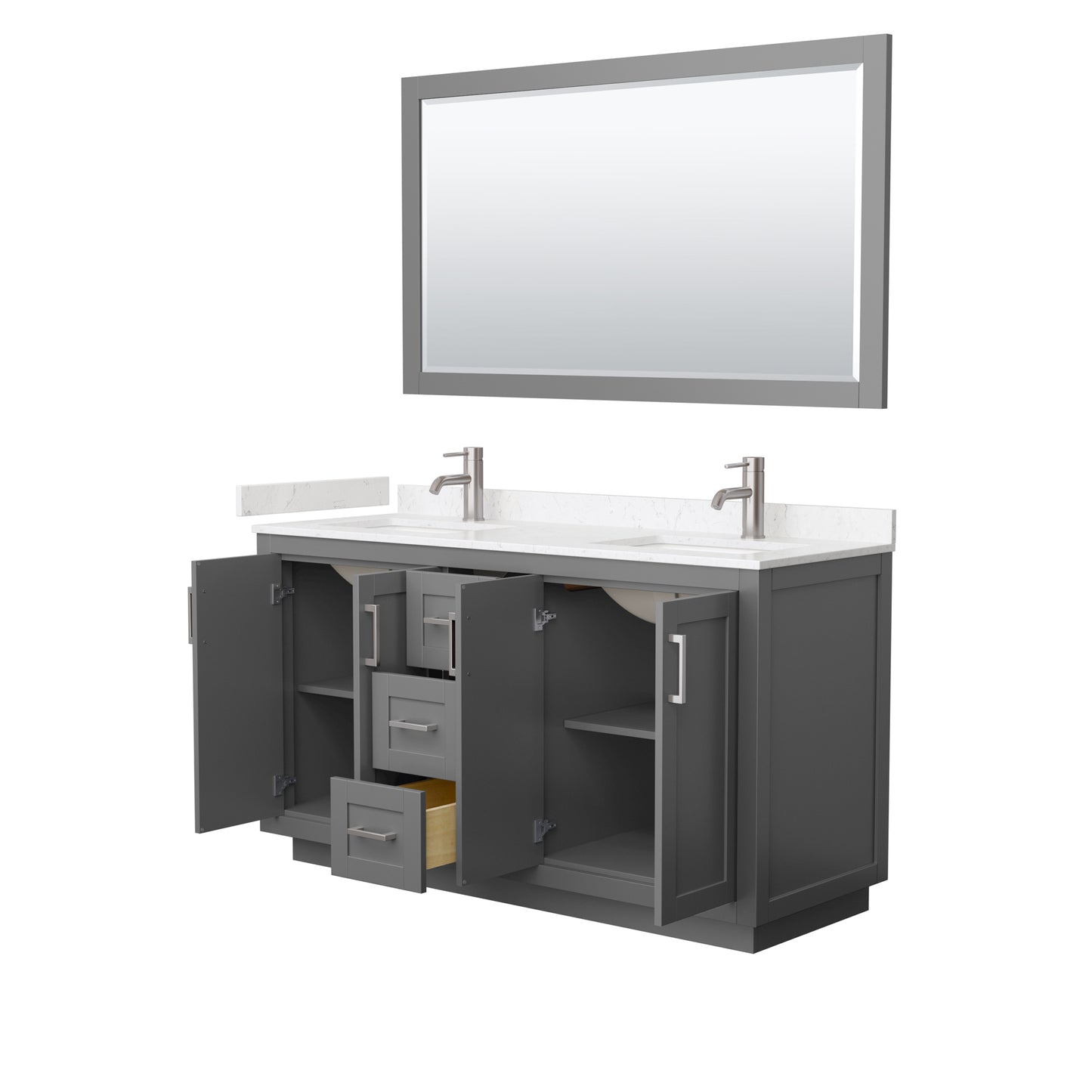 Miranda 60" Dark Gray Double Vanity, Carrara Marble Top, Nickel Trim, 58" Mirror