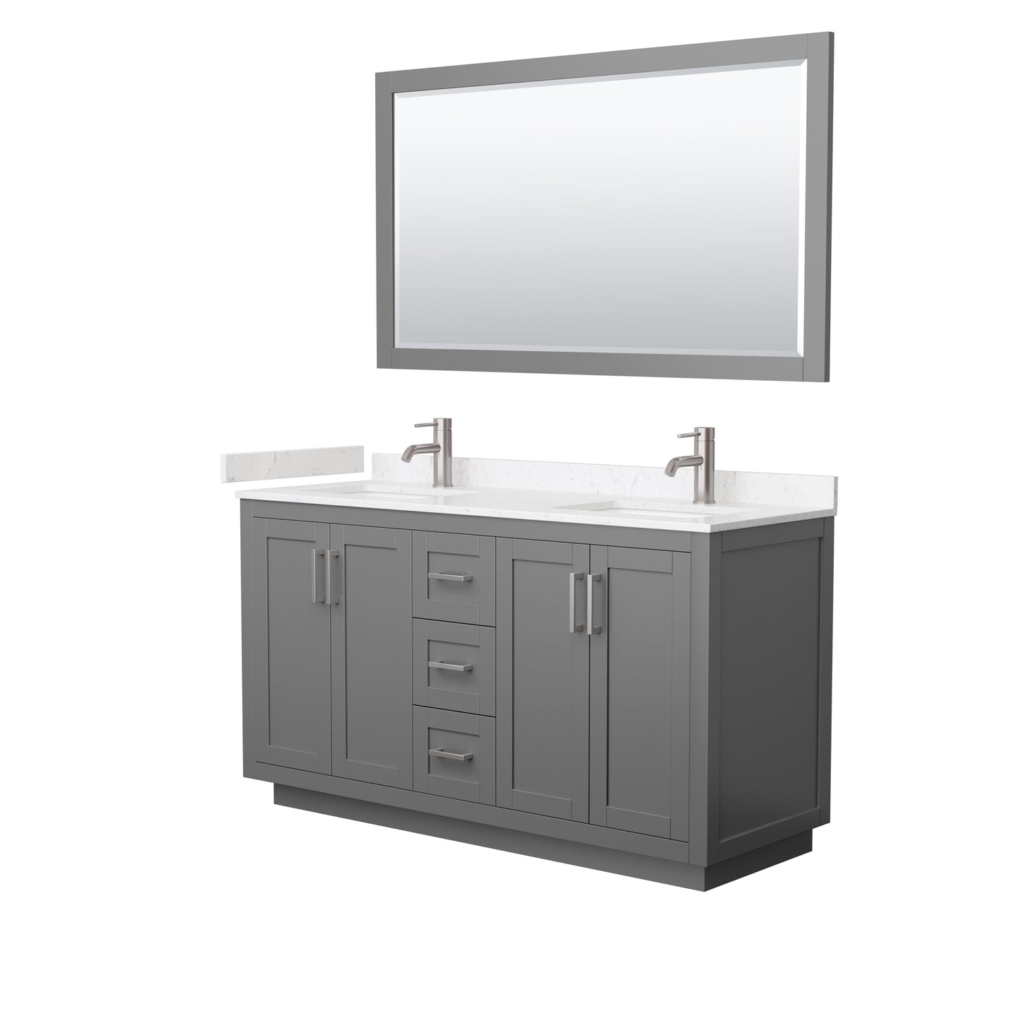 Miranda 60" Dark Gray Double Vanity, Carrara Marble Top, Nickel Trim, 58" Mirror