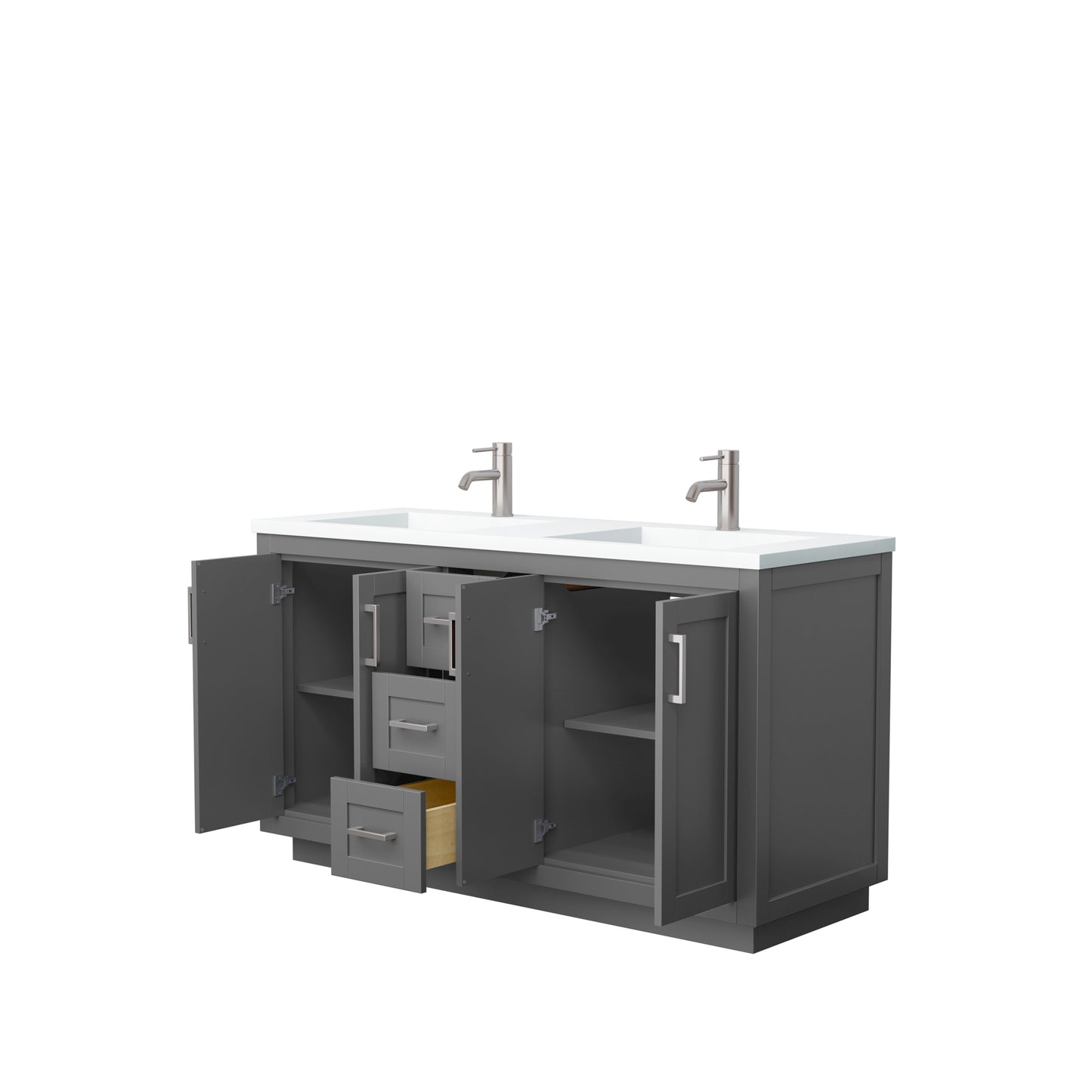 Miranda 60" Double Vanity in Dark Gray, 1.25" White Top, Integrated Nickel Trim
