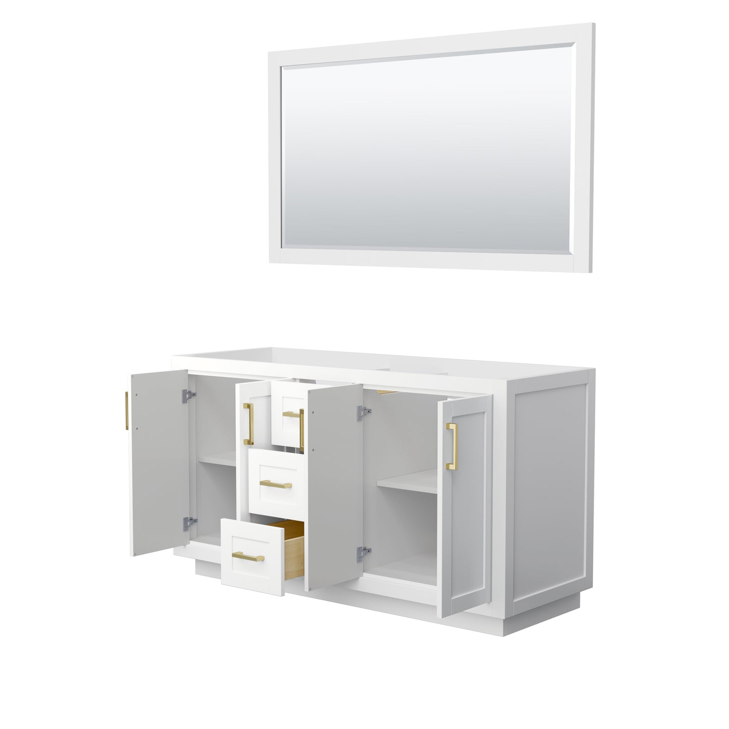 Miranda 60" Double Vanity in White, No Top, Bruished Gold Trim, 58" Mirror