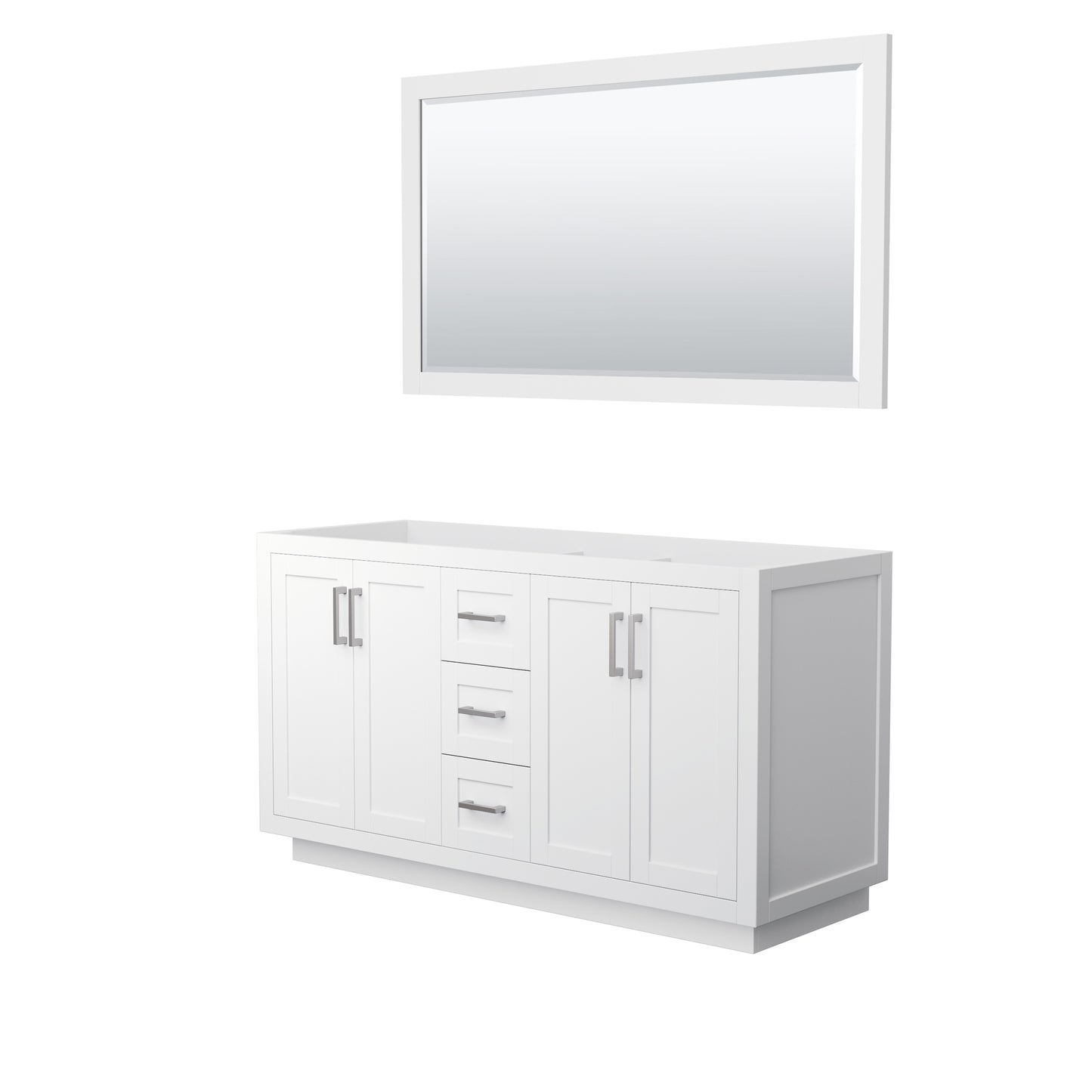 Miranda 60" Double Vanity in White, No Top, Bruished Nickel Trim, 58" Mirror