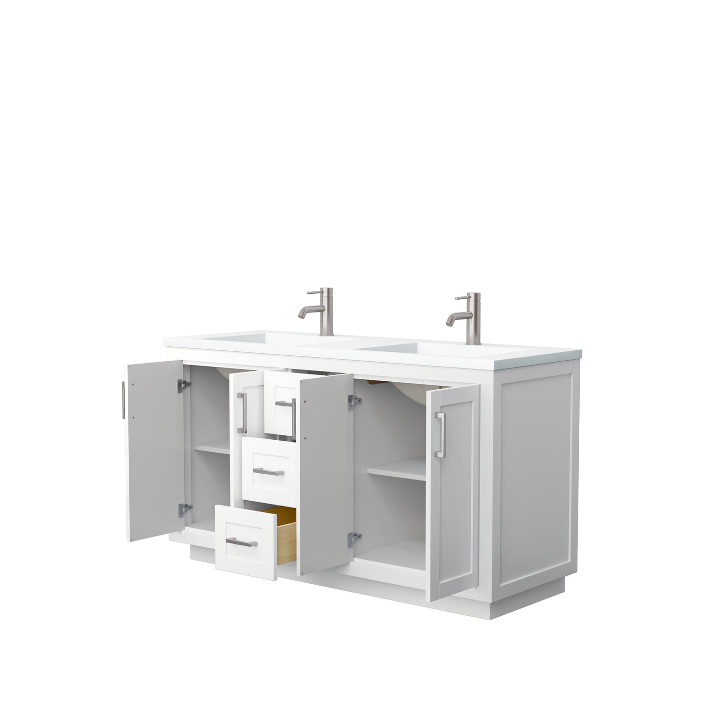 Miranda 60" Double Vanity in White, 1.25" White Top, Integrated Nickel Trim