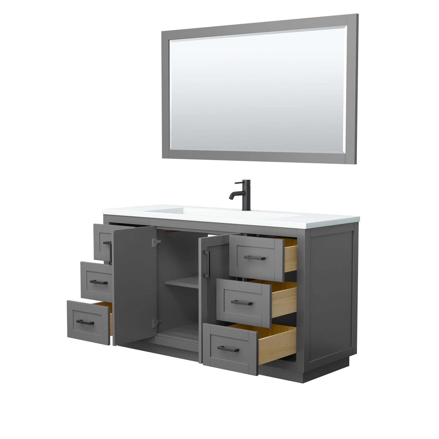Miranda 60" Dark Gray Single Vanity, 1.25" White Top, Black Trim, 58" Mirror