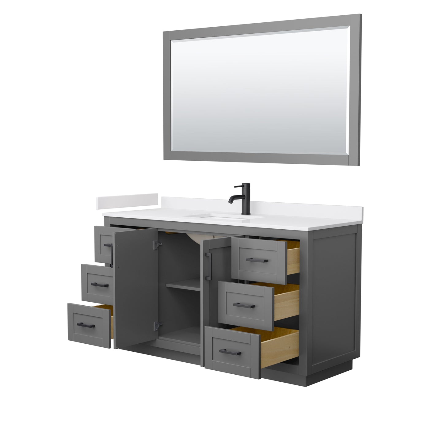 Miranda 60" Single Vanity in Dark Gray, White Marble Top, Black Trim, 58" Mirror