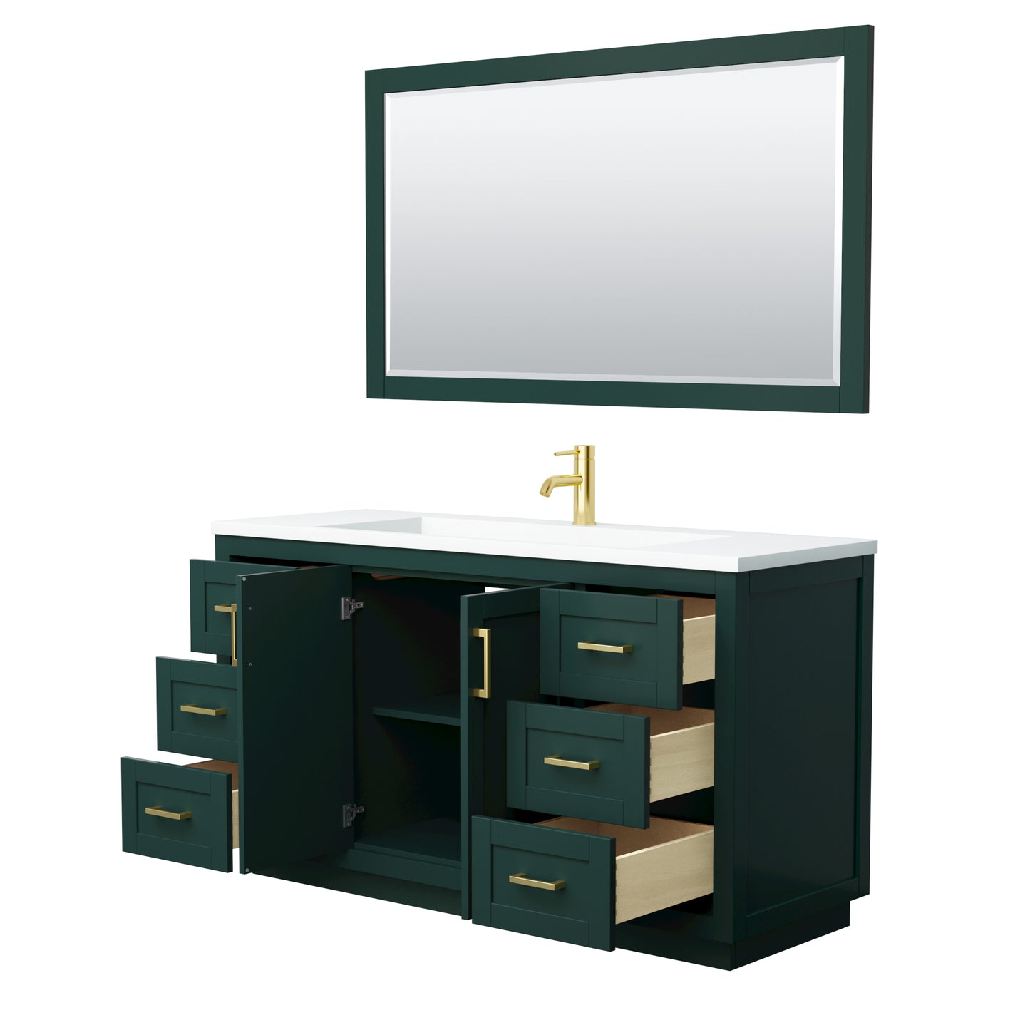 Miranda 60" Single Vanity in Green, 1.25" White Top, Gold Trim, 58" Mirror