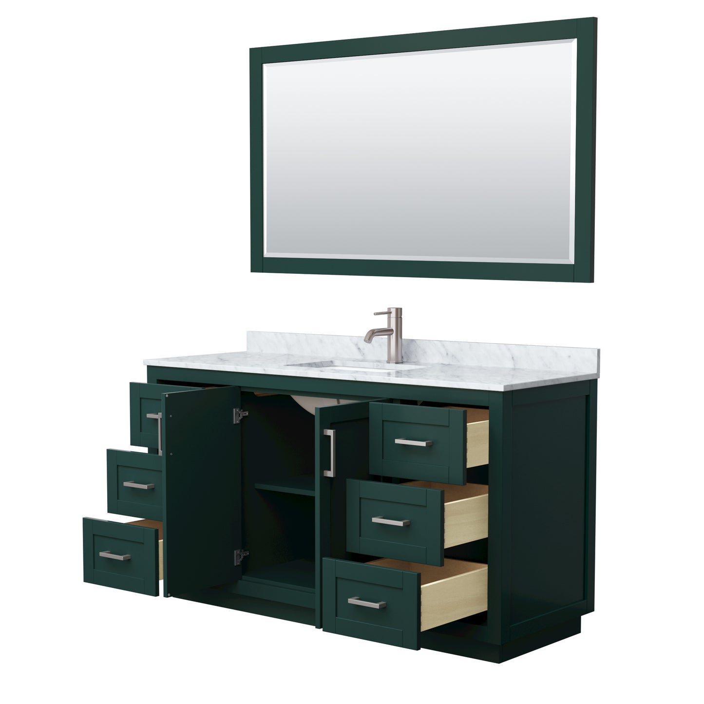 Miranda 60" Single Vanity in Green, Top, Square Brushed Nickel Trim, 58" Mirror