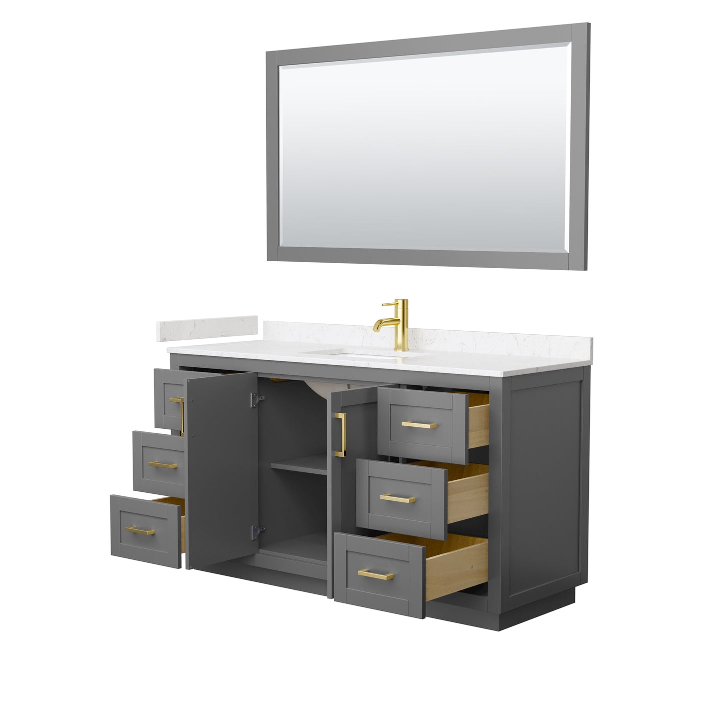 Miranda 60" Dark Gray Single Vanity, Carrara Marble Top, Gold Trim, 58" Mirror