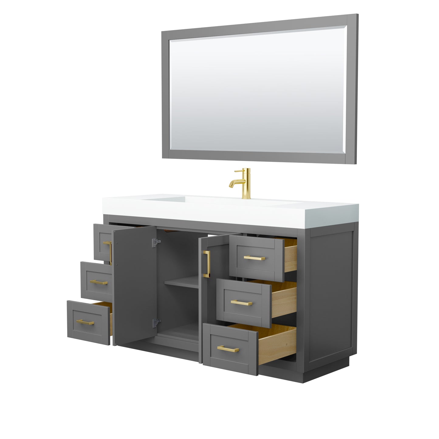 Miranda 60" Dark Gray Single Vanity, 4" White Top, Gold Trim, 58" Mirror