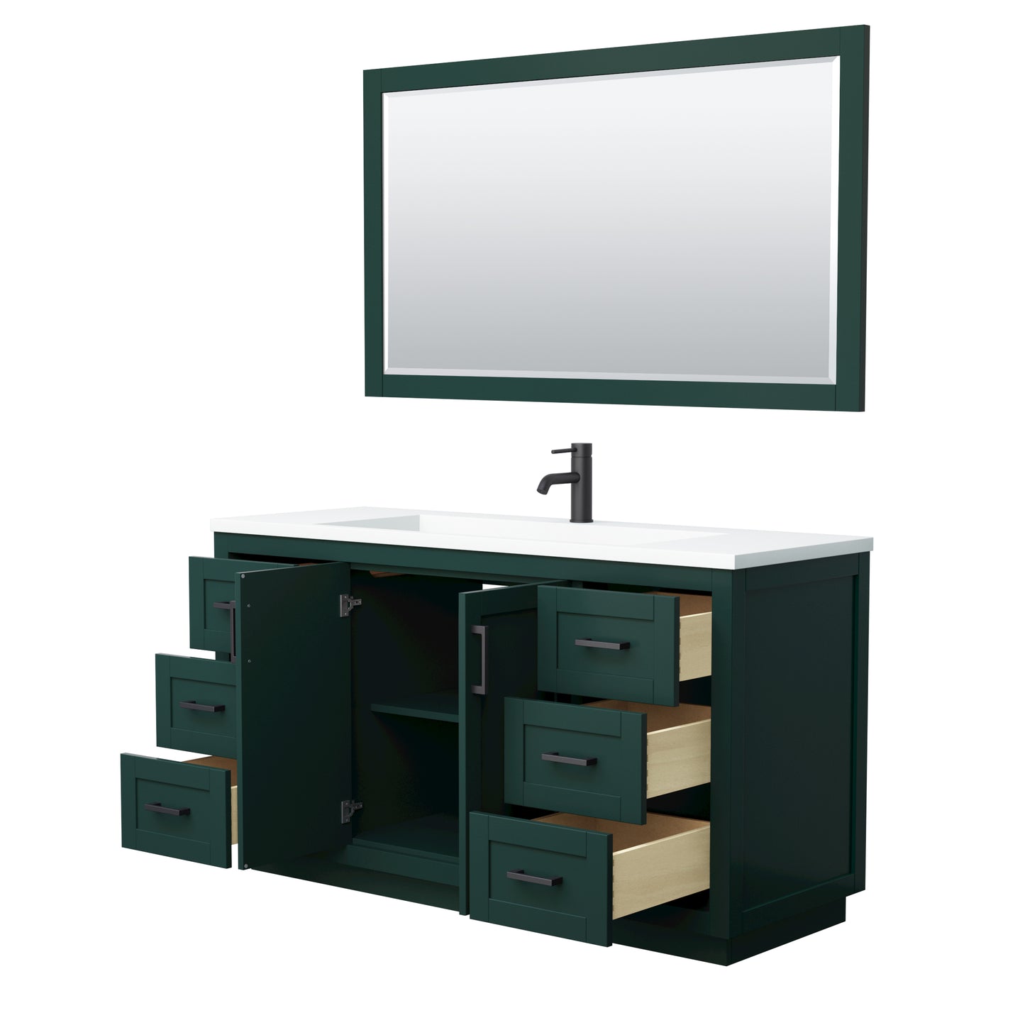 Miranda 60" Single Vanity in Green, 1.25" White Top, Black Trim, 58" Mirror