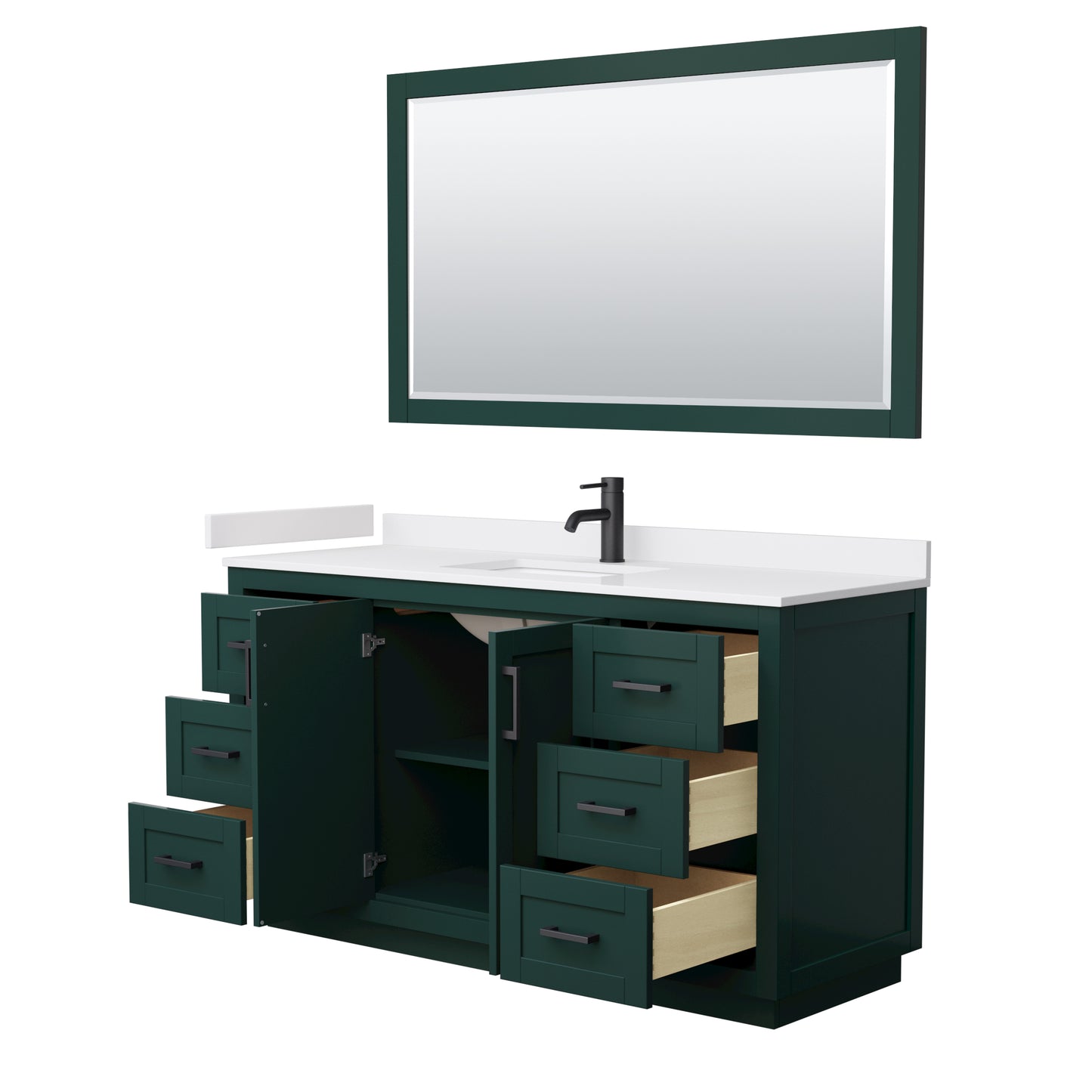 Miranda 60" Single Vanity in Green, White Marble Top, Black Trim, 58" Mirror