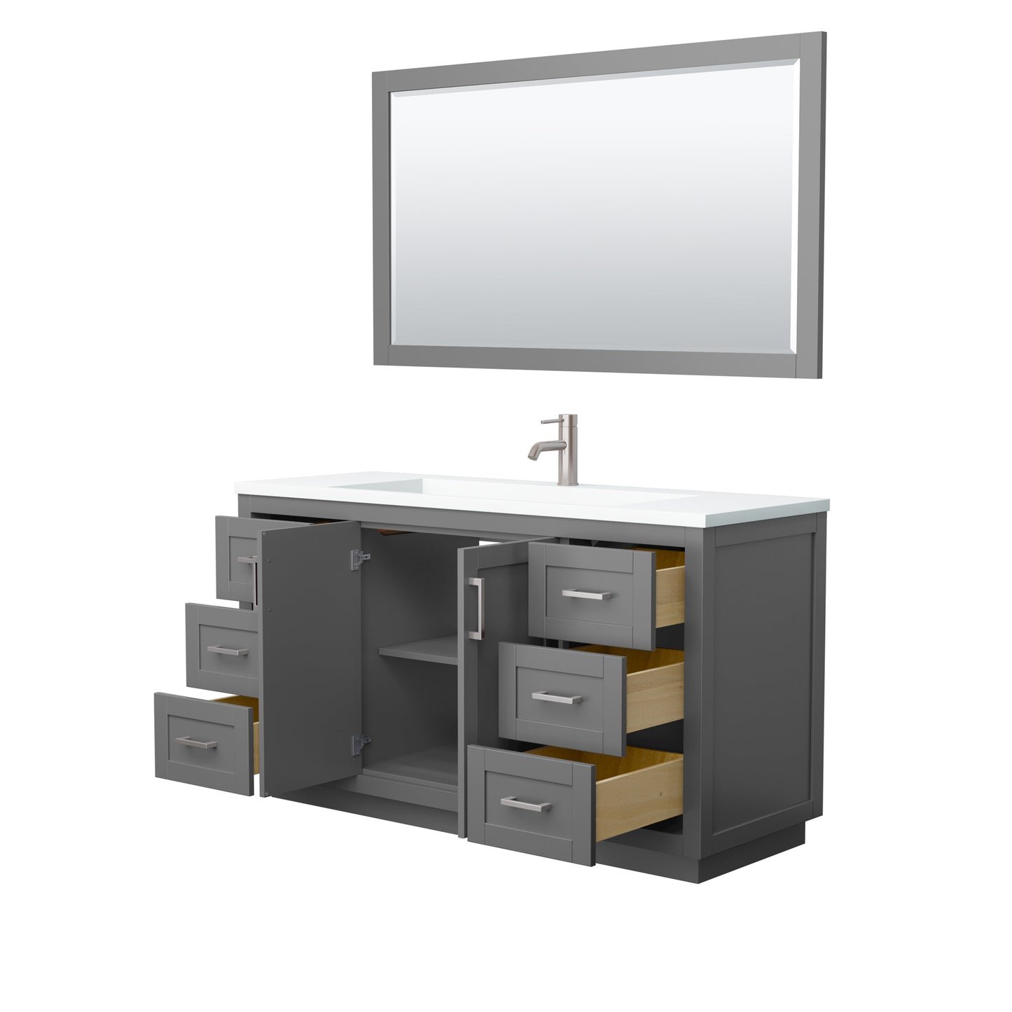 Miranda 60" Dark Gray Single Vanity, 1.25" White Top, Nickel Trim, 58" Mirror