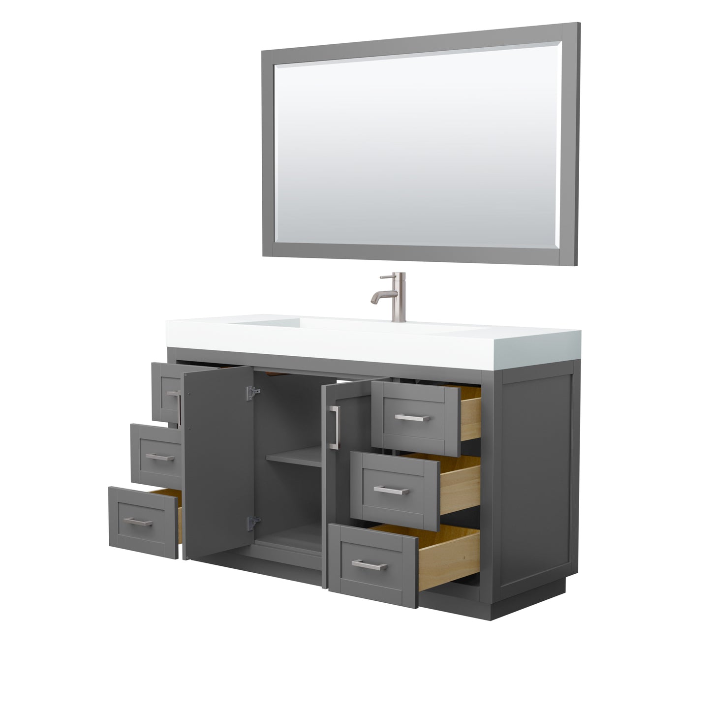 Miranda 60" Dark Gray Single Vanity, 4" White Top, Nickel Trim, 58" Mirror