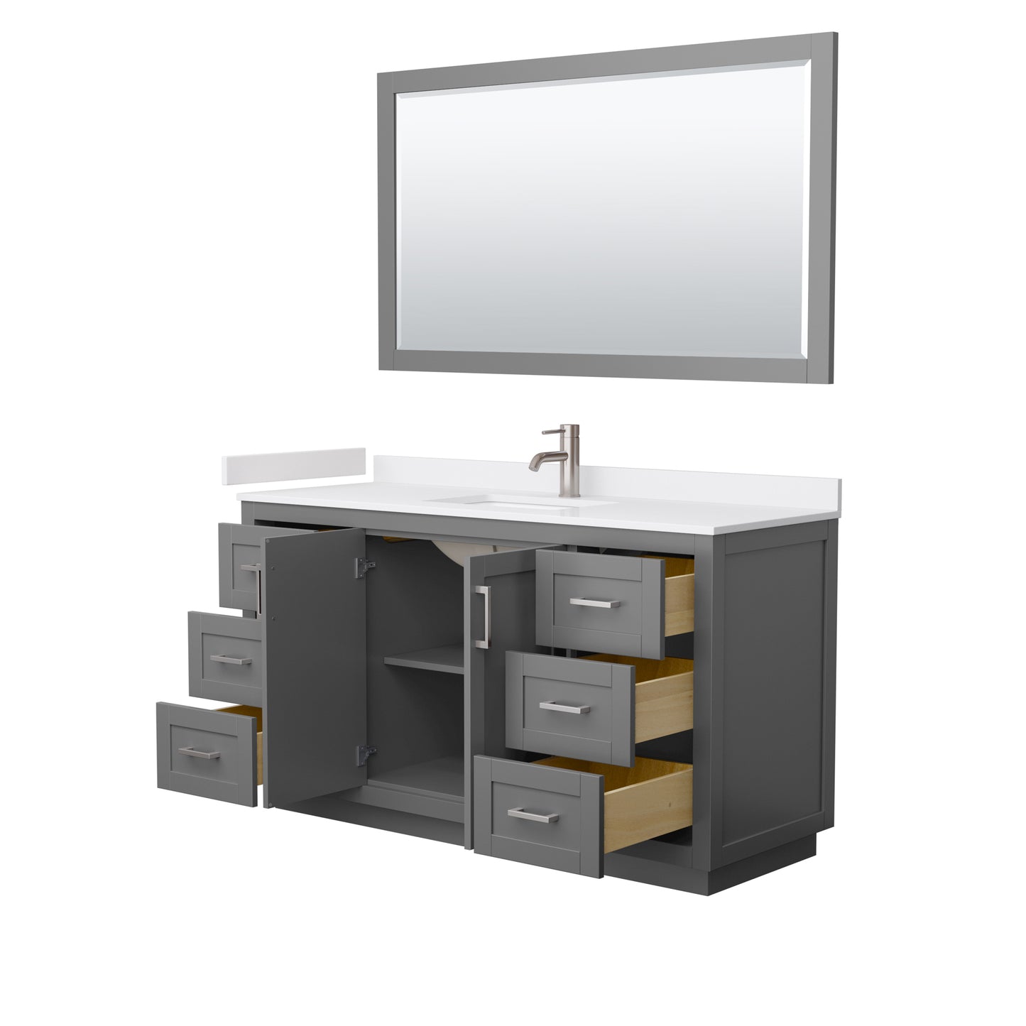 Miranda 60" Dark Gray Single Vanity, White Marble Top, Nickel Trim, 58" Mirror