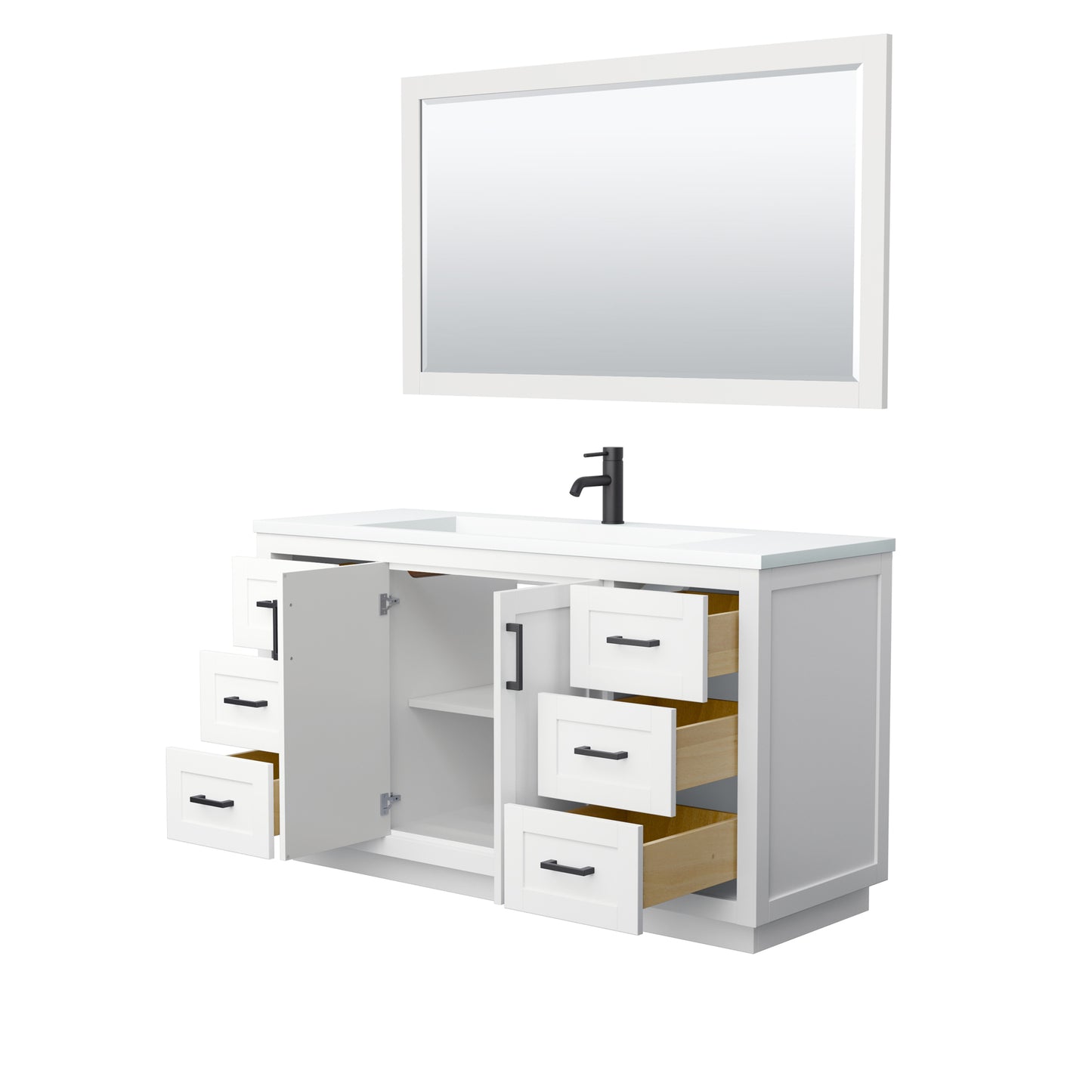 Miranda 60" Single Vanity in White, 1.25" White Top, Black Trim, 58" Mirror