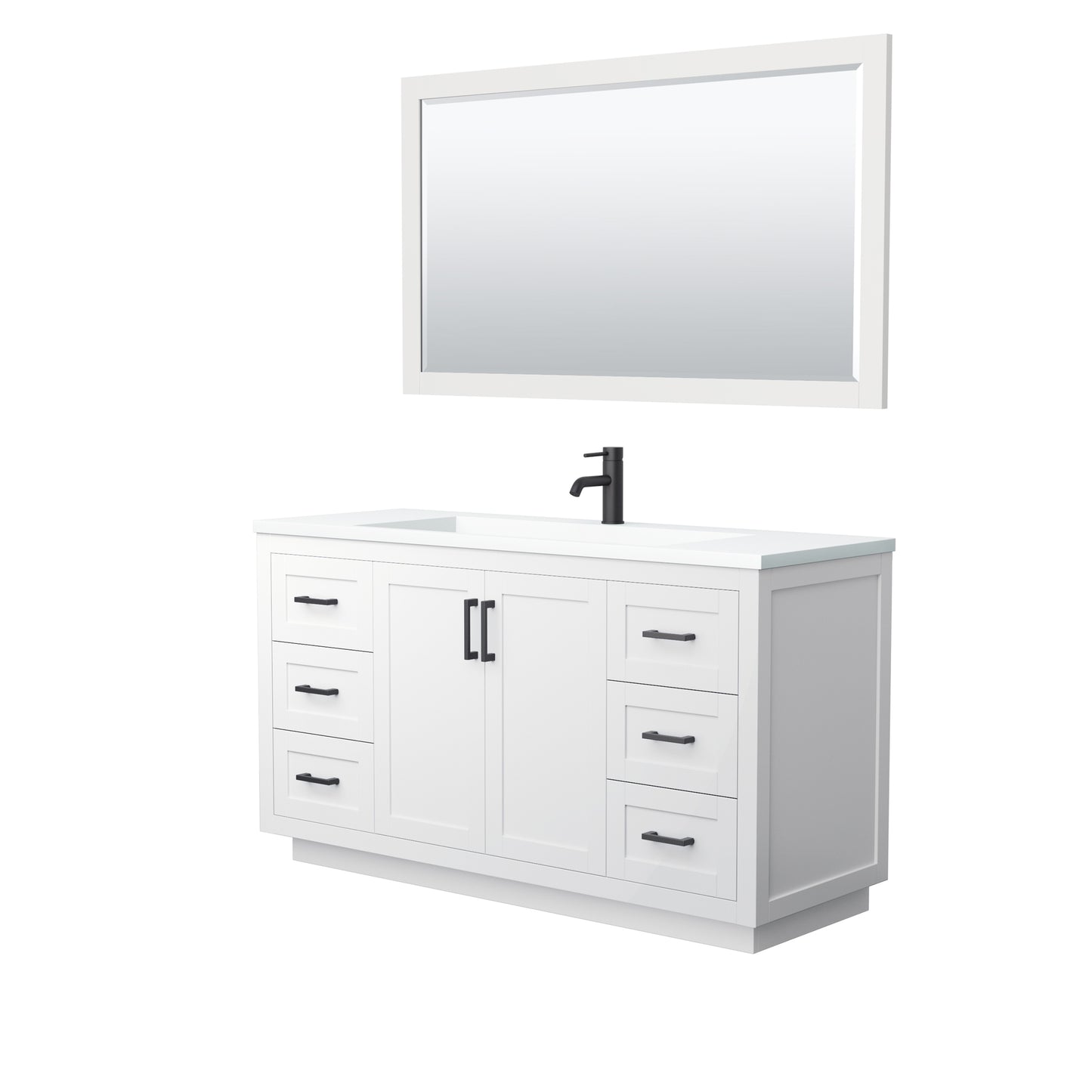 Miranda 60" Single Vanity in White, 1.25" White Top, Black Trim, 58" Mirror