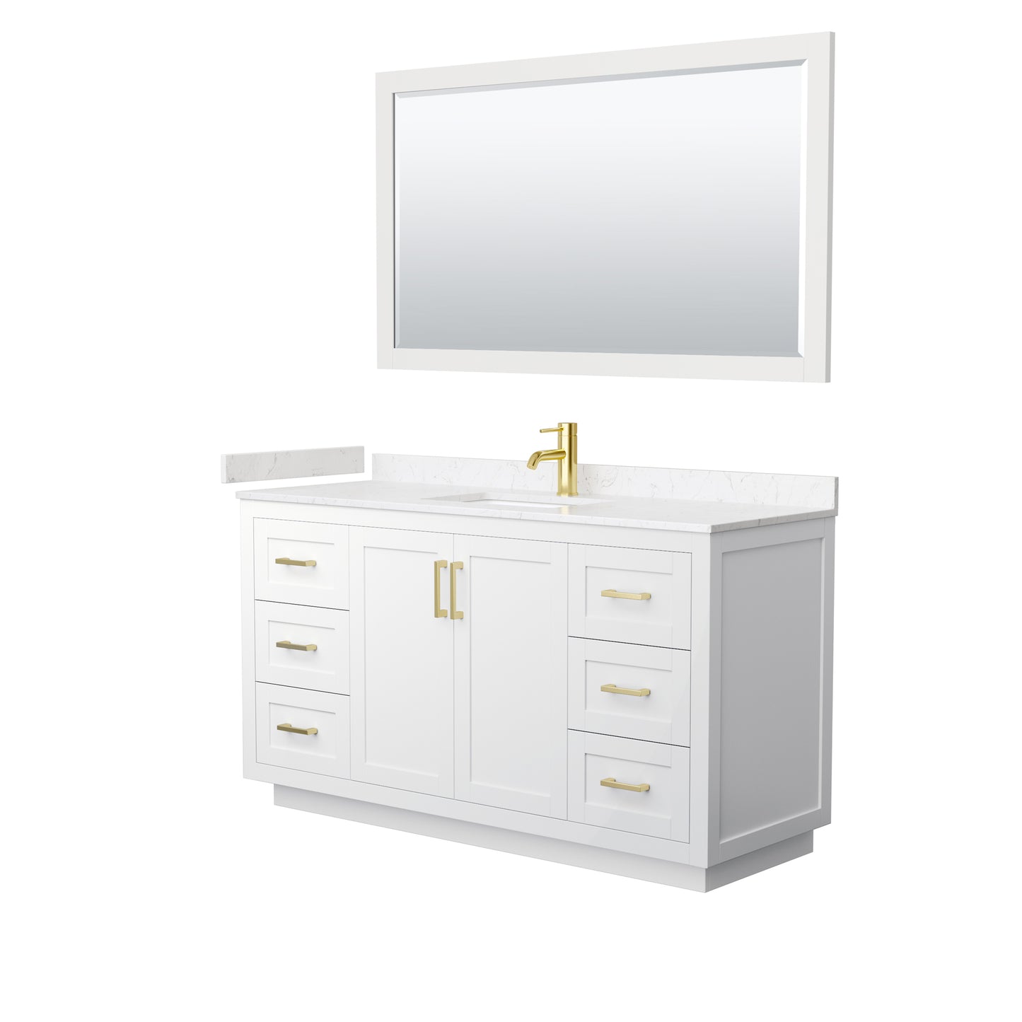 Miranda 60" Single Vanity in White, Carrara Marble Top, Gold Trim, 58" Mirror