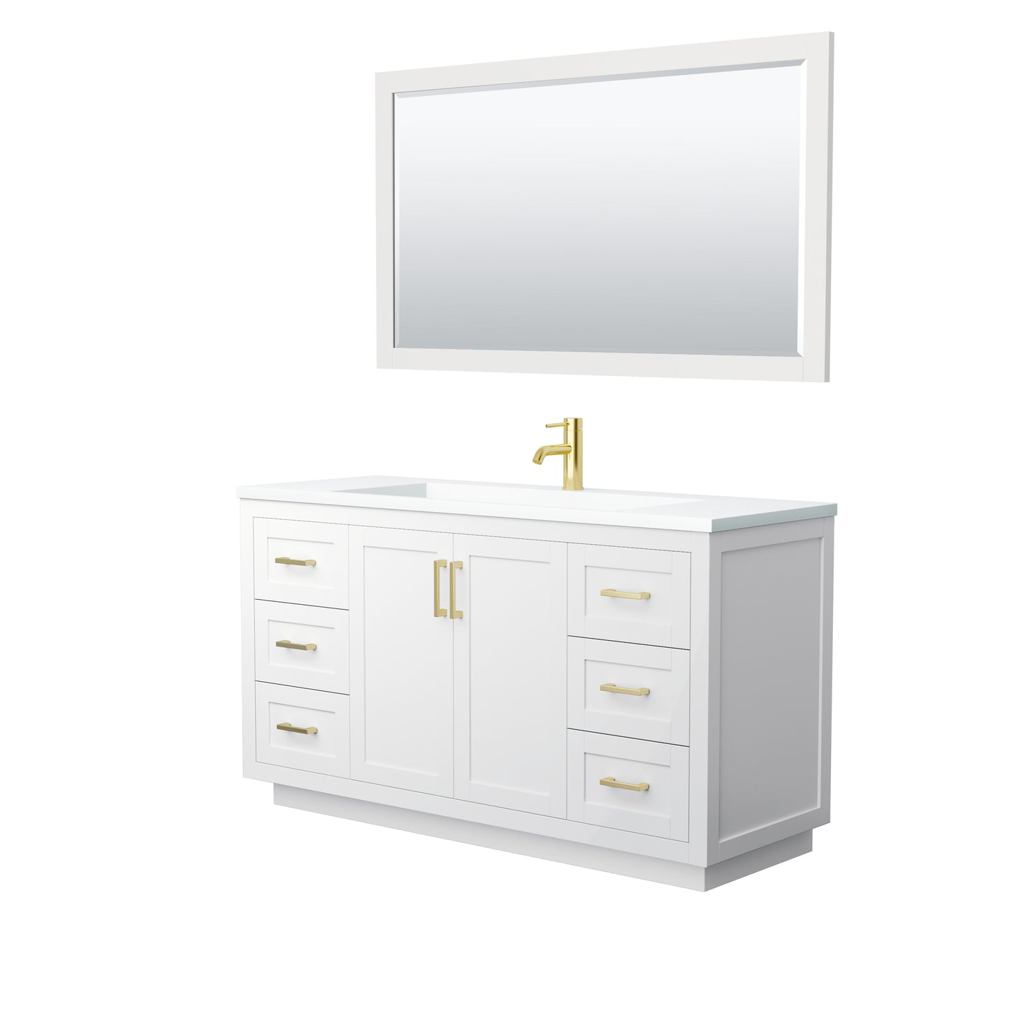 Miranda 60" Single Vanity in White, 1.25" White Top, Gold Trim, 58" Mirror