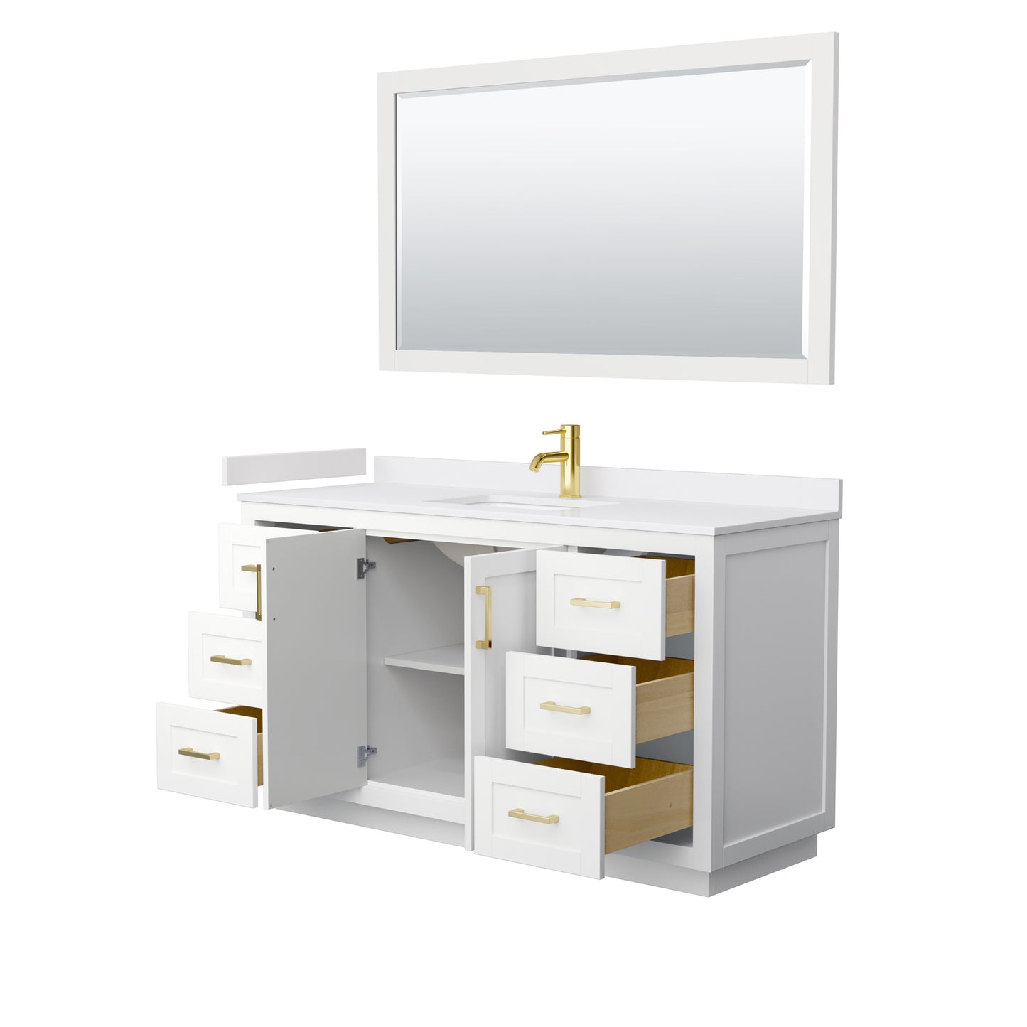 Miranda 60" Single Vanity in White, White Marble Top, Gold Trim, 58" Mirror