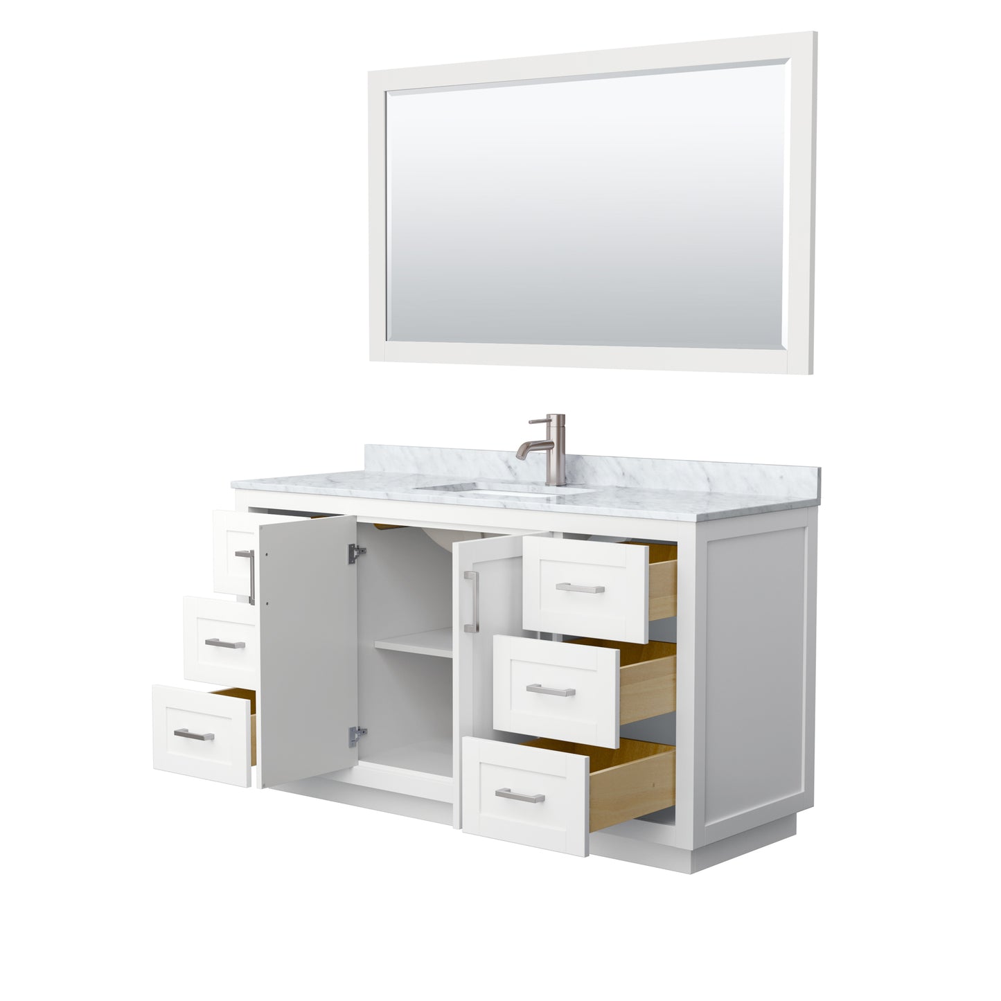 Miranda 60" Single Vanity in White, Top, Square Brushed Nickel Trim, 58" Mirror