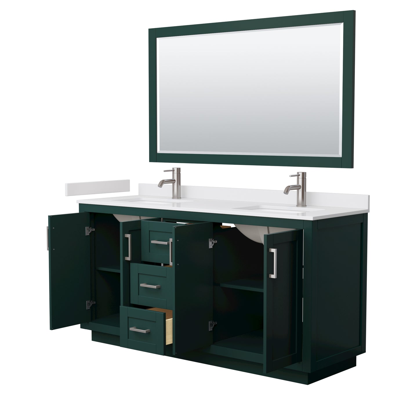 Miranda 66" Double Vanity in Green, White Marble Top, Nickel Trim, 58" Mirror