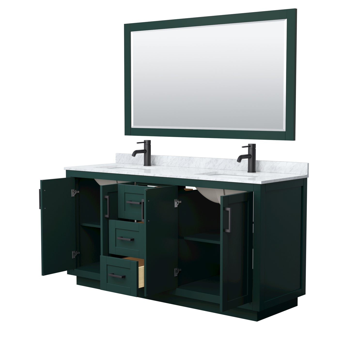 Miranda 66" Double Vanity in Green, Top, Square Matte Black Trim, 58" Mirror