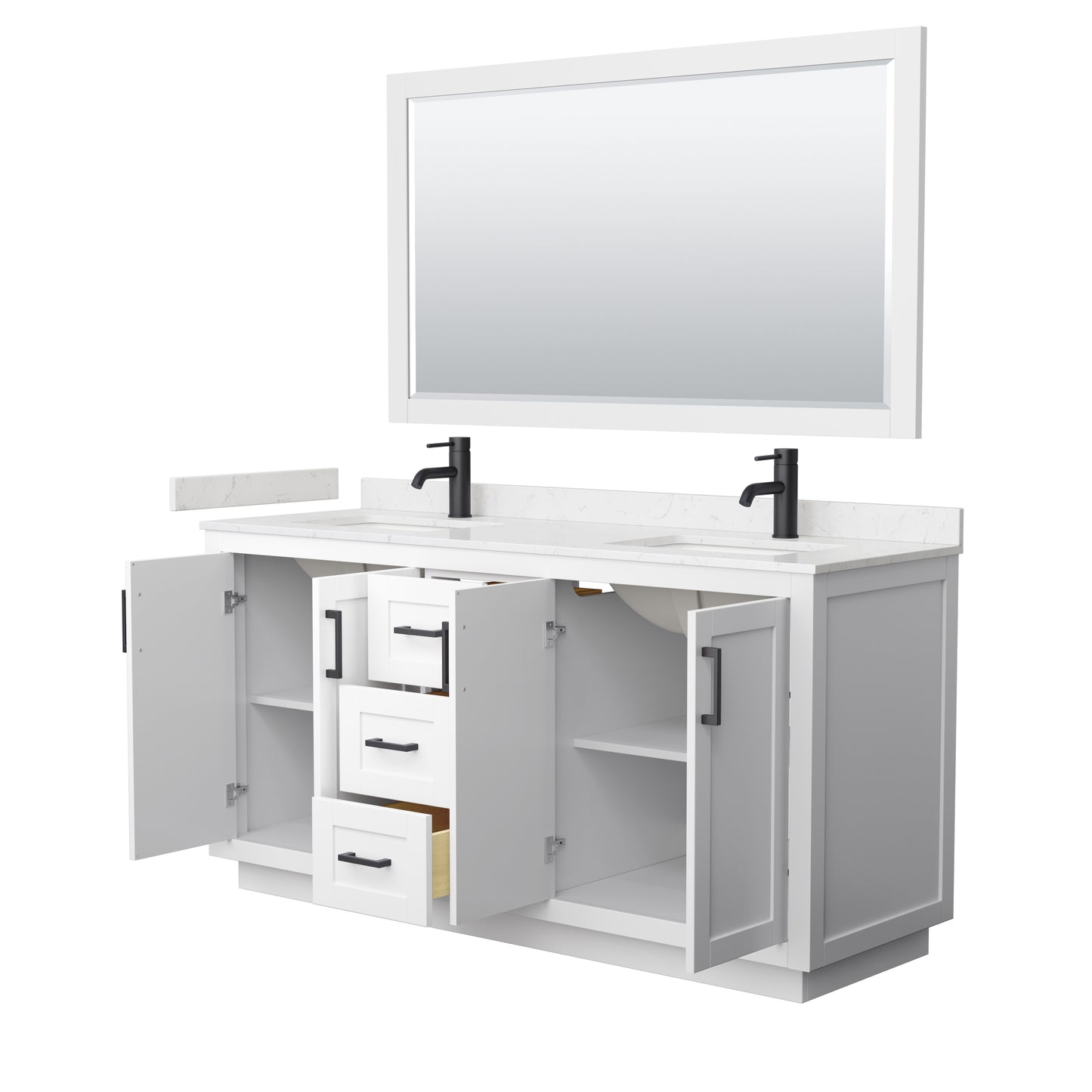 Miranda 66" Double Vanity in White, Carrara Marble Top, Black Trim, 58" Mirror