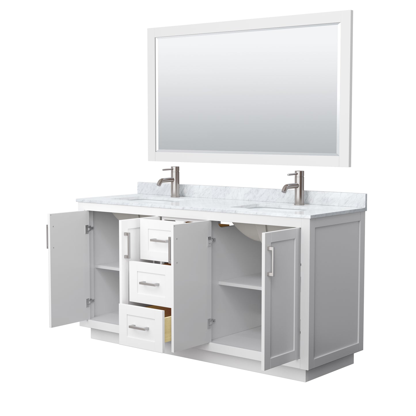 Miranda 66" Double Vanity in White, Top, Square Brushed Nickel Trim, 58" Mirror