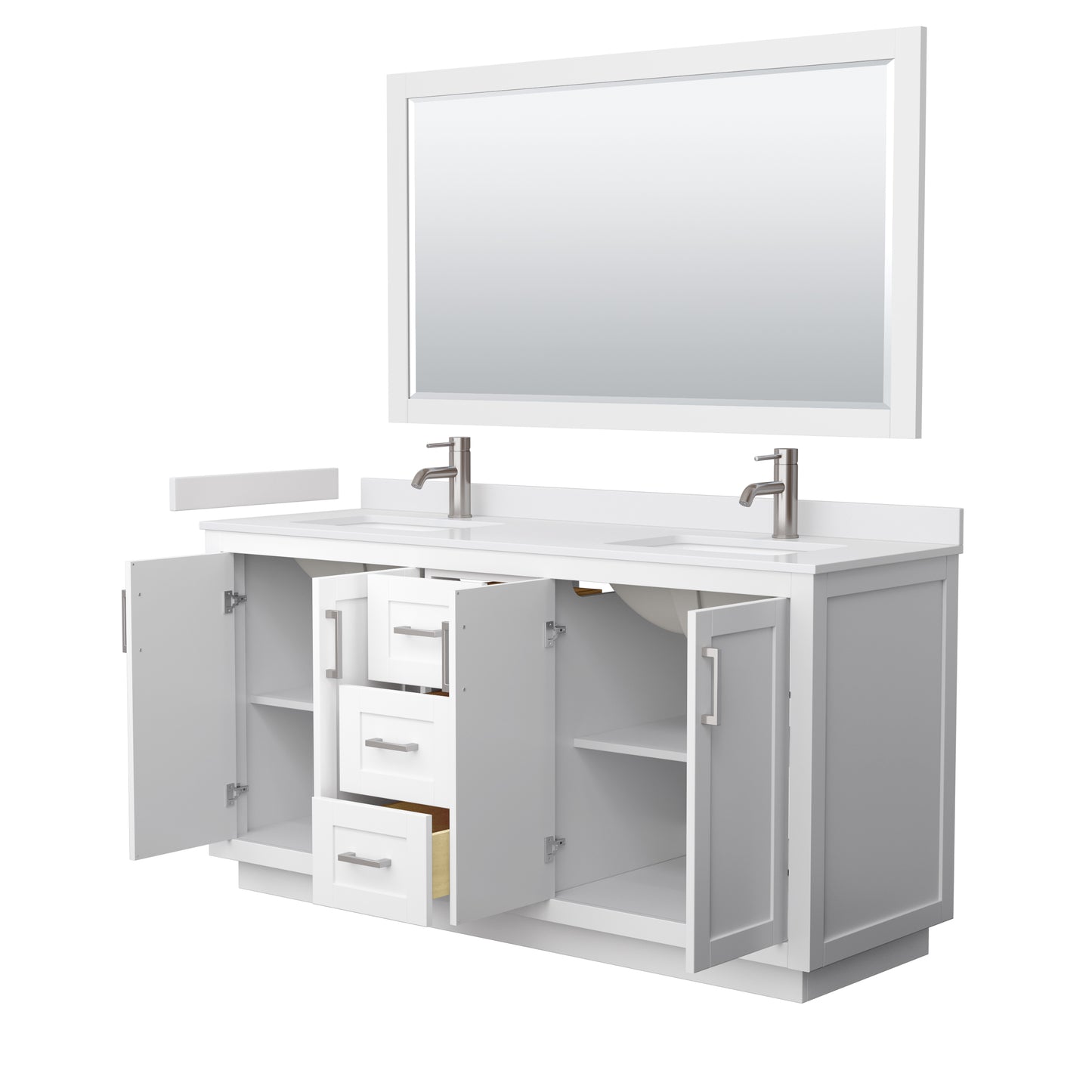 Miranda 66" Double Vanity in White, White Marble Top, Nickel Trim, 58" Mirror