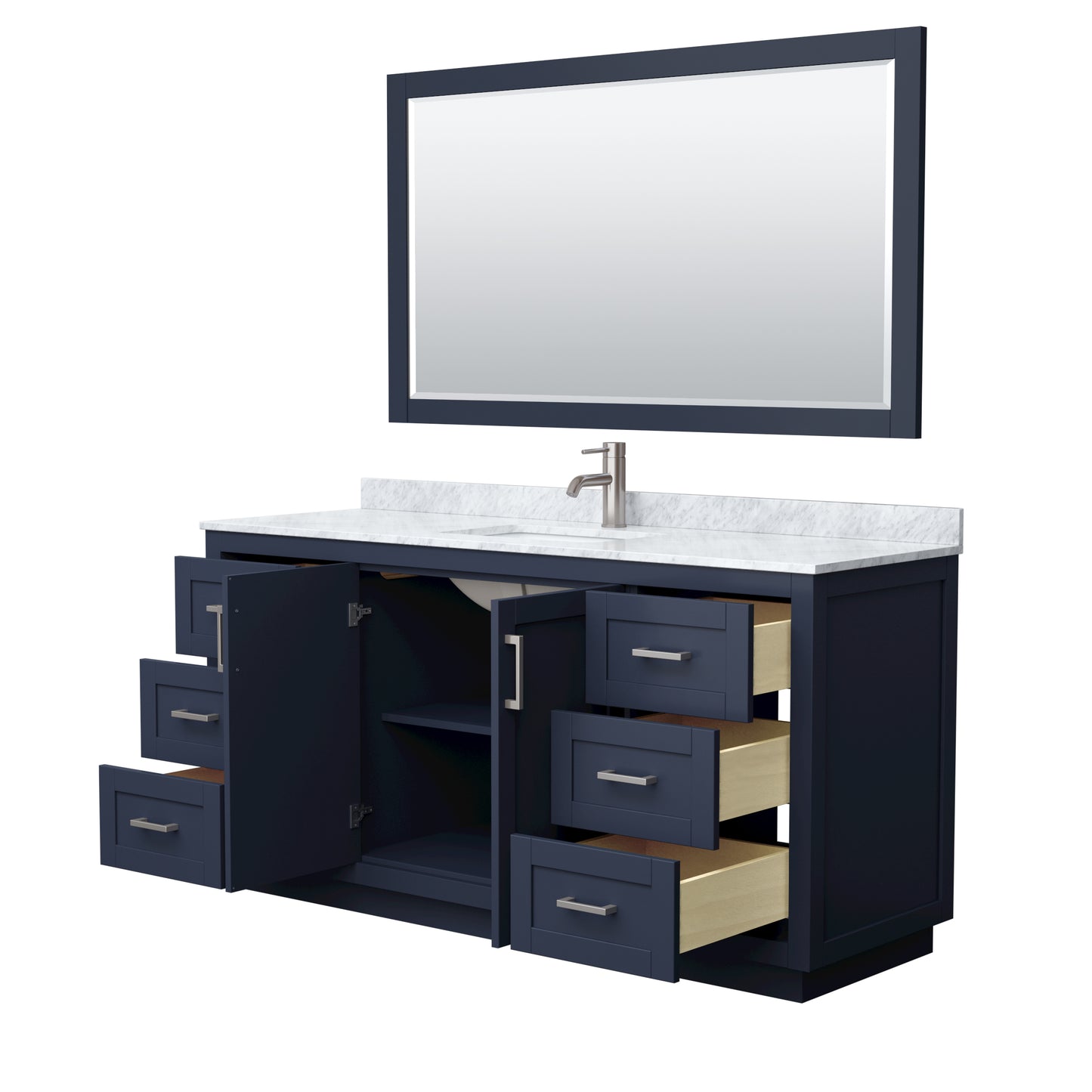 Miranda 66" Single Vanity in Dark Blue, Top, Nickel Trim, 58" Mirror