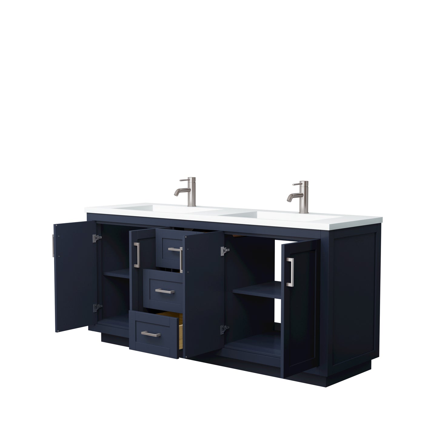 Miranda 72" Double Vanity in Dark Blue, 1.25" White Top, Integrated Nickel Trim