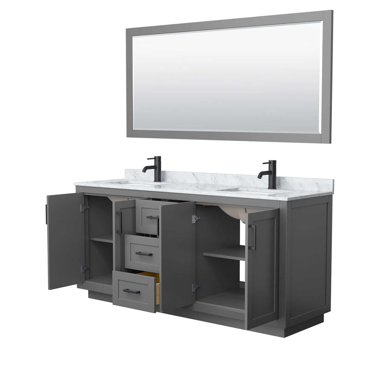 Miranda 72" Double Vanity in Dark Gray, Top, Square Matte Black Trim, 70" Mirror