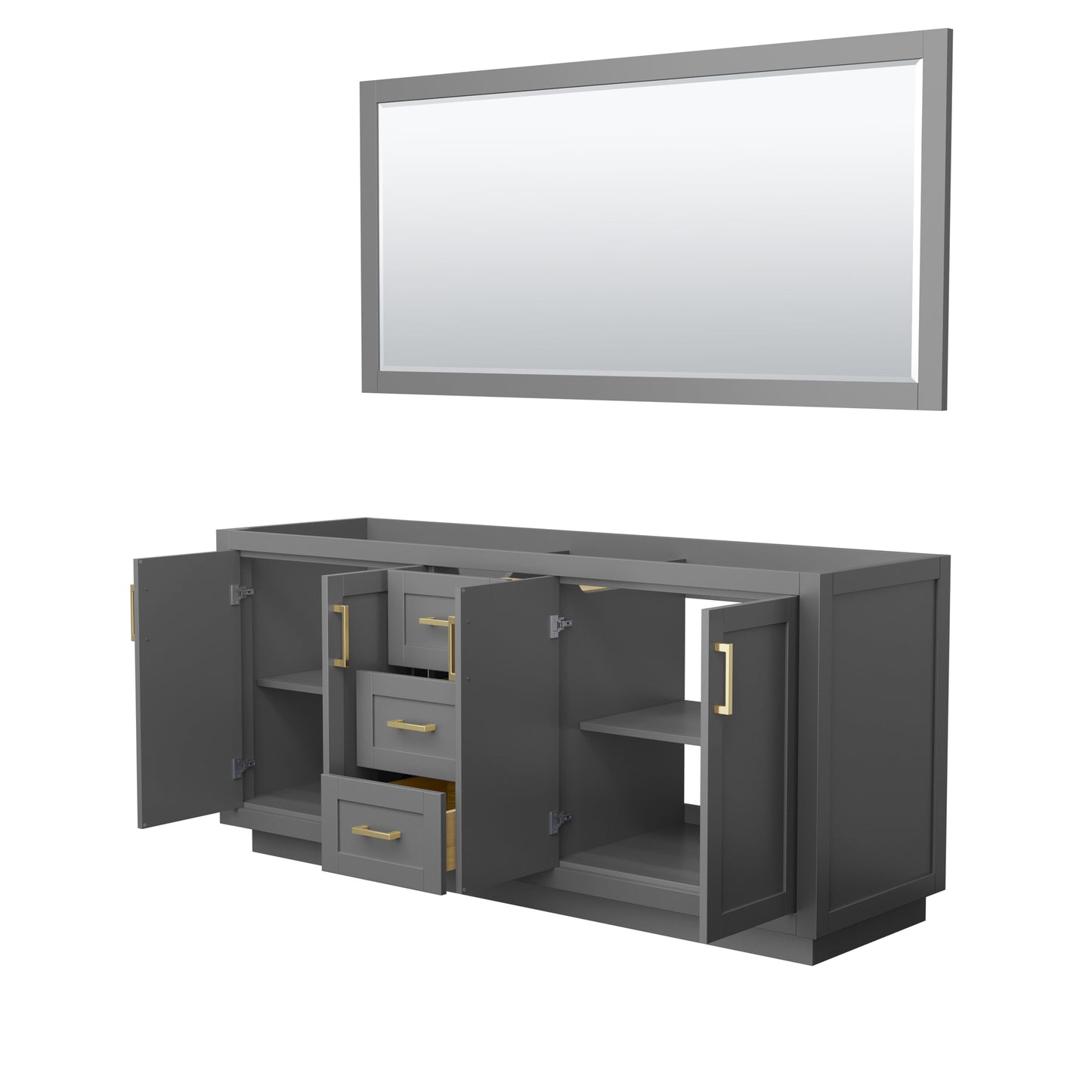 Miranda 72" Double Vanity in Dark Gray, No Top, Bruished Gold Trim, 70" Mirror