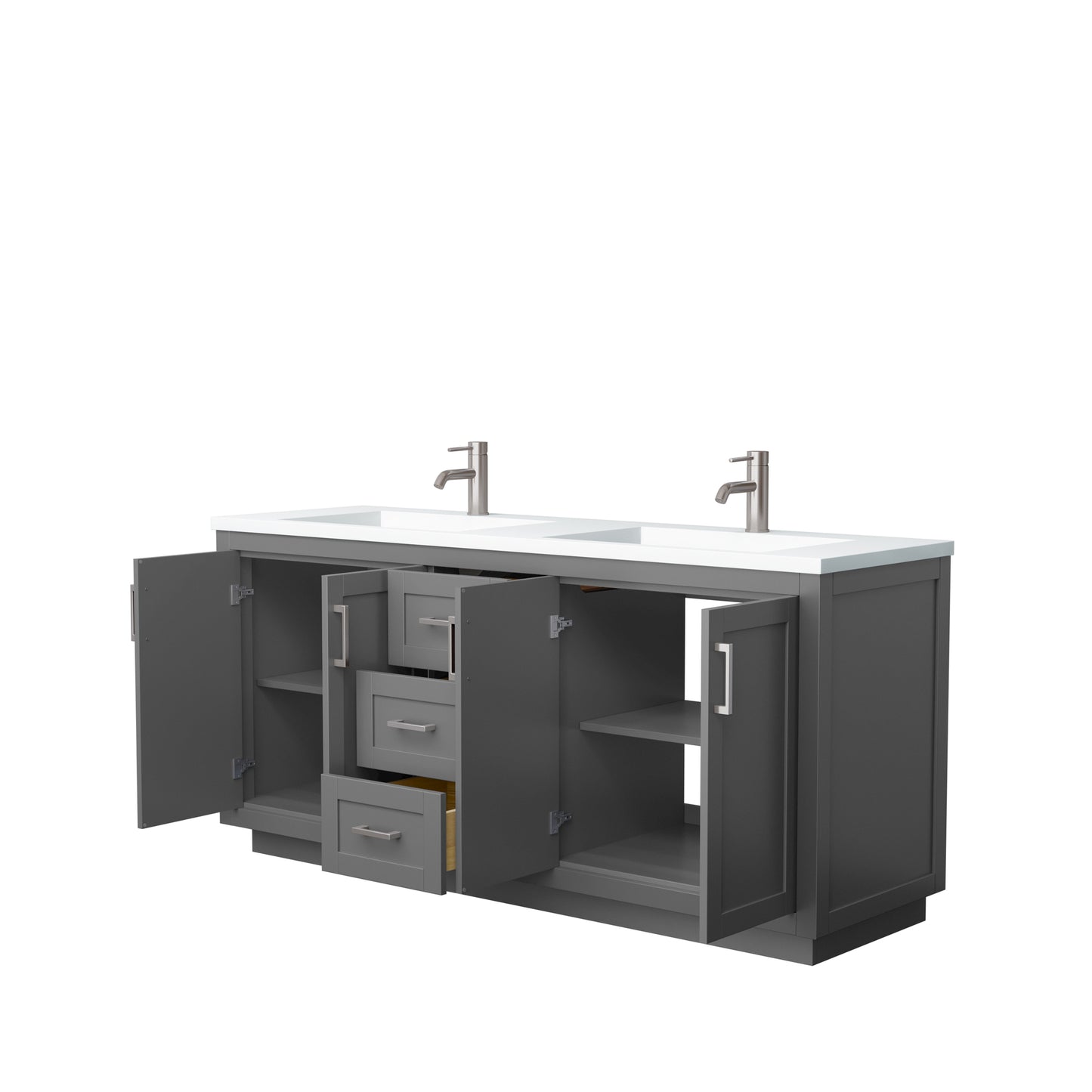 Miranda 72" Double Vanity in Dark Gray, 1.25" White Top, Integrated Nickel Trim
