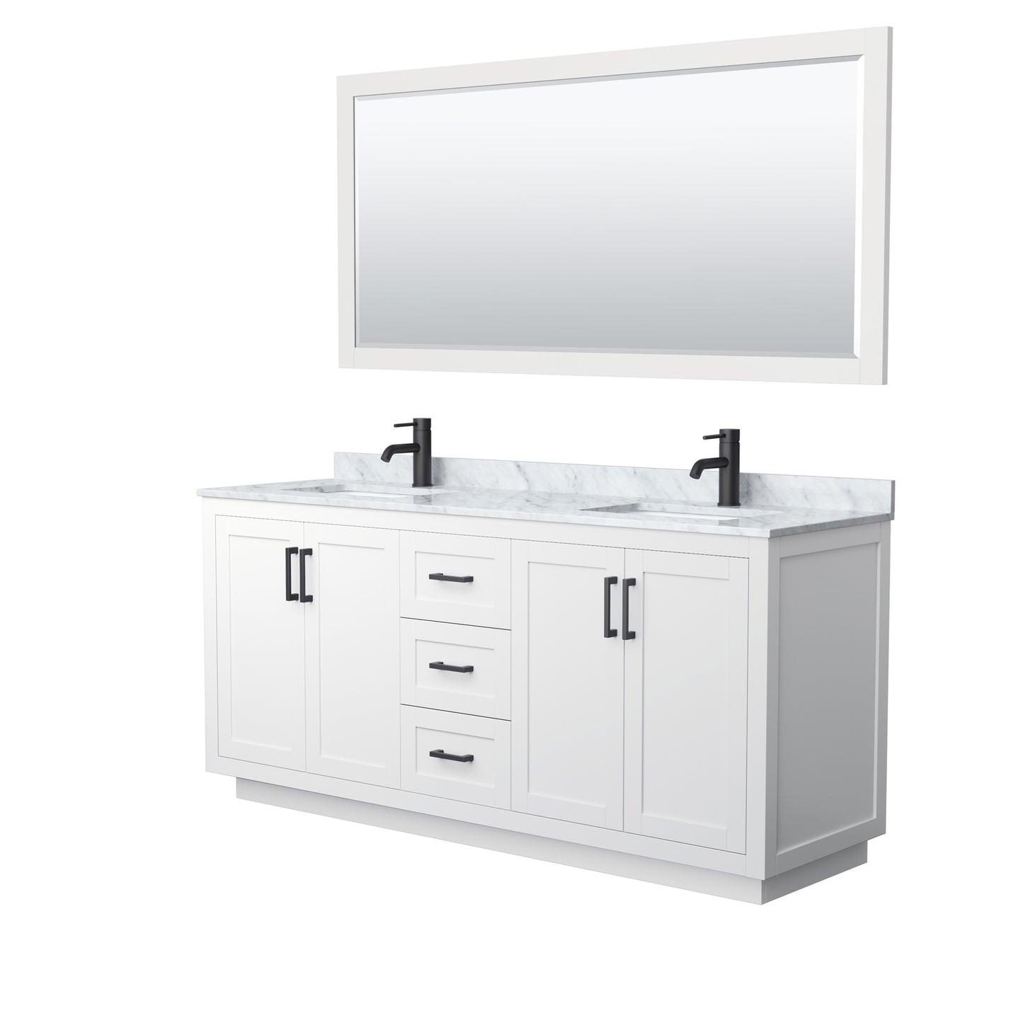 Miranda 72" Double Vanity in White, Top, Square Matte Black Trim, 70" Mirror