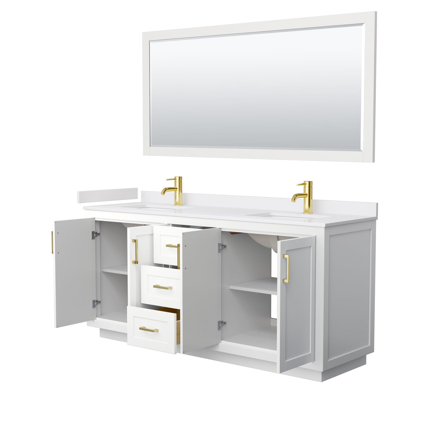 Miranda 72" Double Vanity in White, White Marble Top, Gold Trim, 70" Mirror
