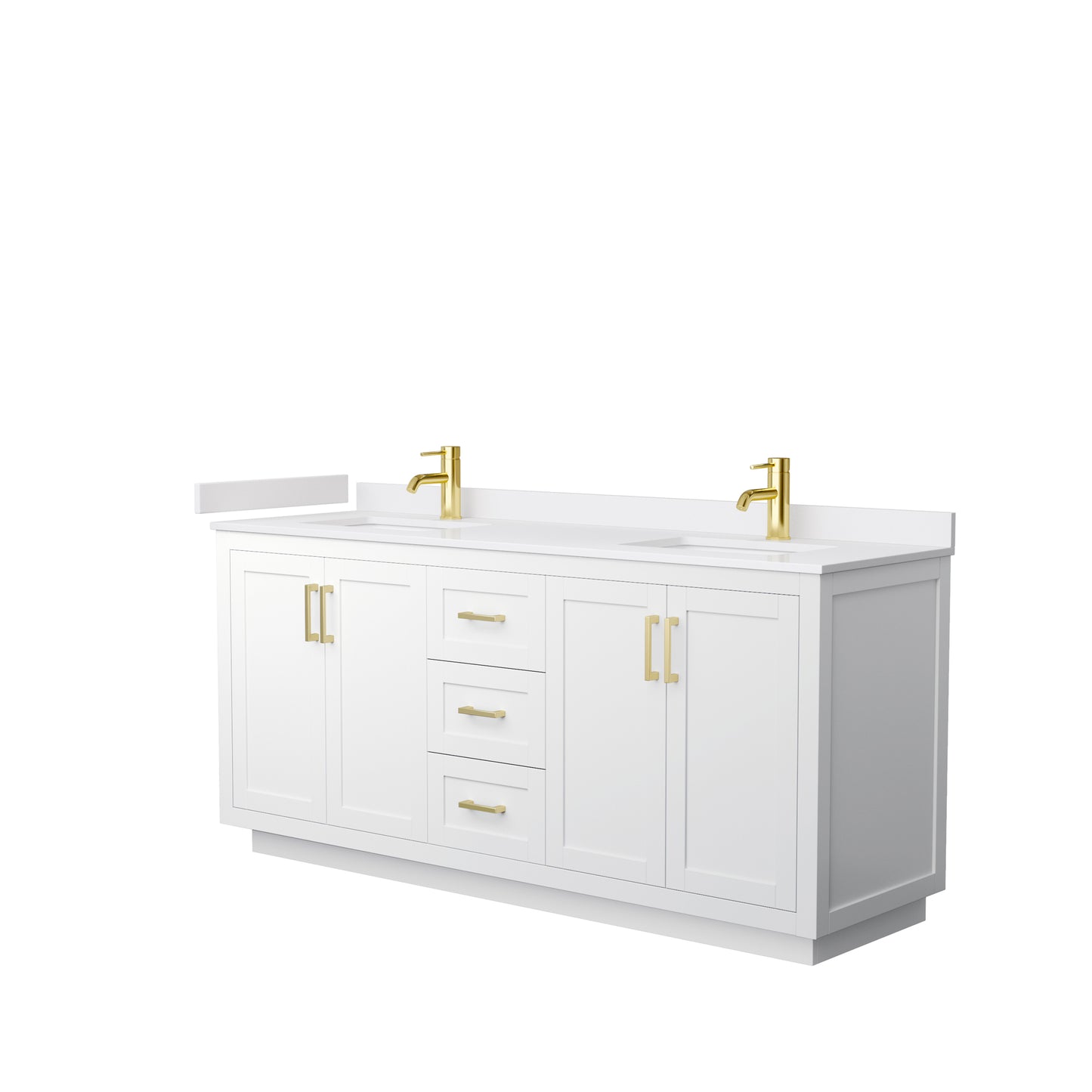 Miranda 72" Double Vanity in White, White Cultured Marble Top, Gold Trim
