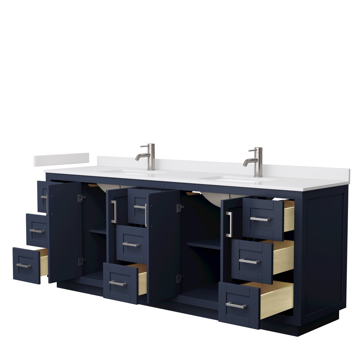 Miranda 84" Double Vanity in Dark Blue, White Cultured Marble Top, Nickel Trim